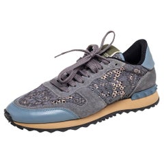 Valentino Slate Blue/Grey Lace and Suede Rockrunner Sneakers Size 39