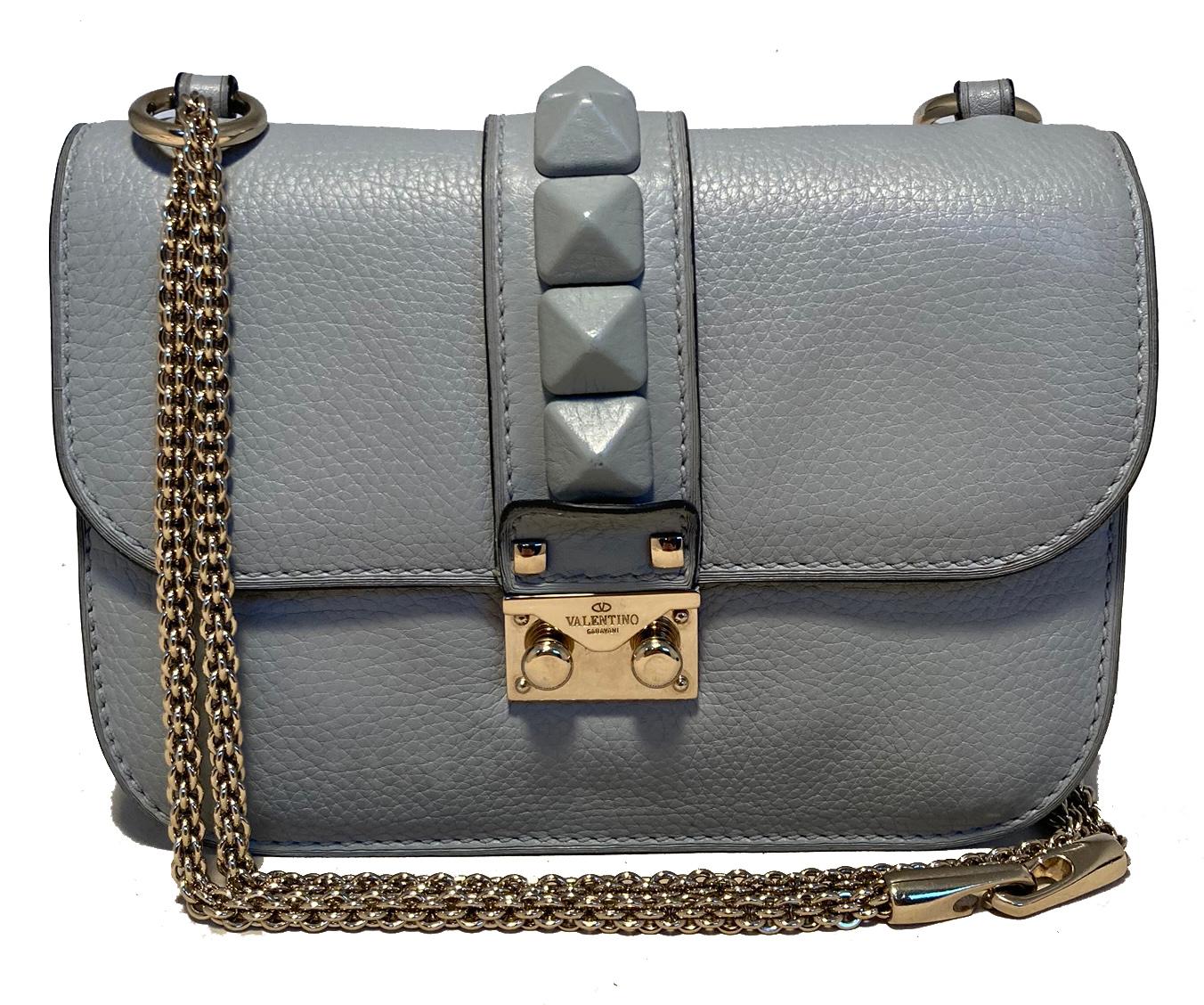Valentino Vitello Small Glam Lock Rockstud Flap Bag Glamrock shoulder bag in excellent condition. Blue grey pebbled leather exterior trimmed with centered leather studs along top flap, gold hardware, and chain shoulder strap. Front pinch lock top