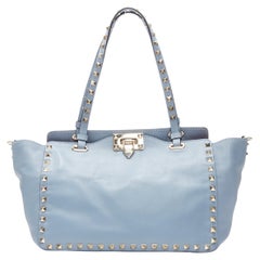 VALENTINO Small Rockstud blue leather gold studded crossbody tote bag