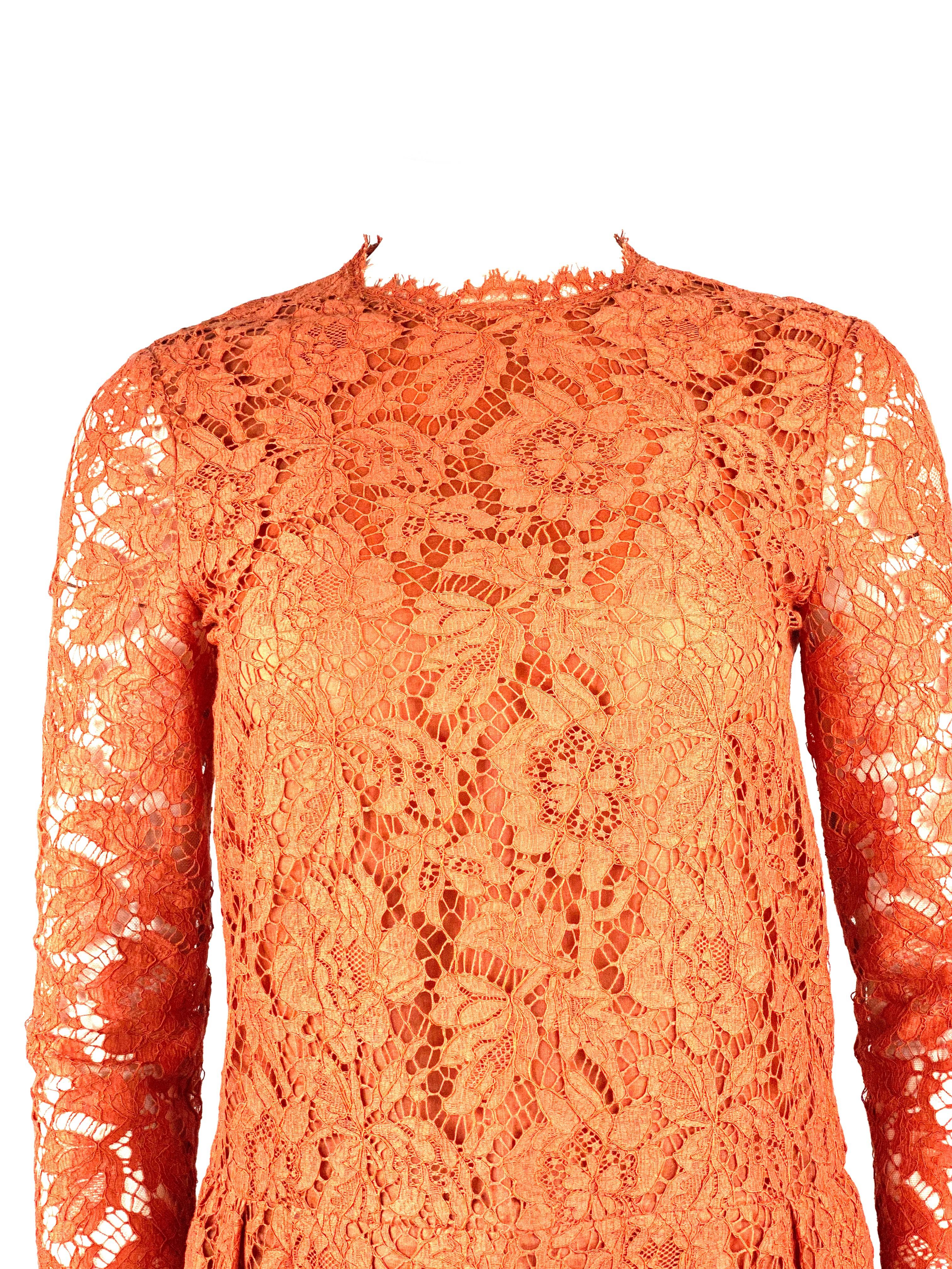 VALENTINO Spa Orange Floral Lace Long Sleeves Mini Dress Size 6

Product detail:
Size 6 
Orange Floral lace
Mini Dress
Long sleeves
One pocket on each side 
Rear zip and hook closure
Made in Italy
