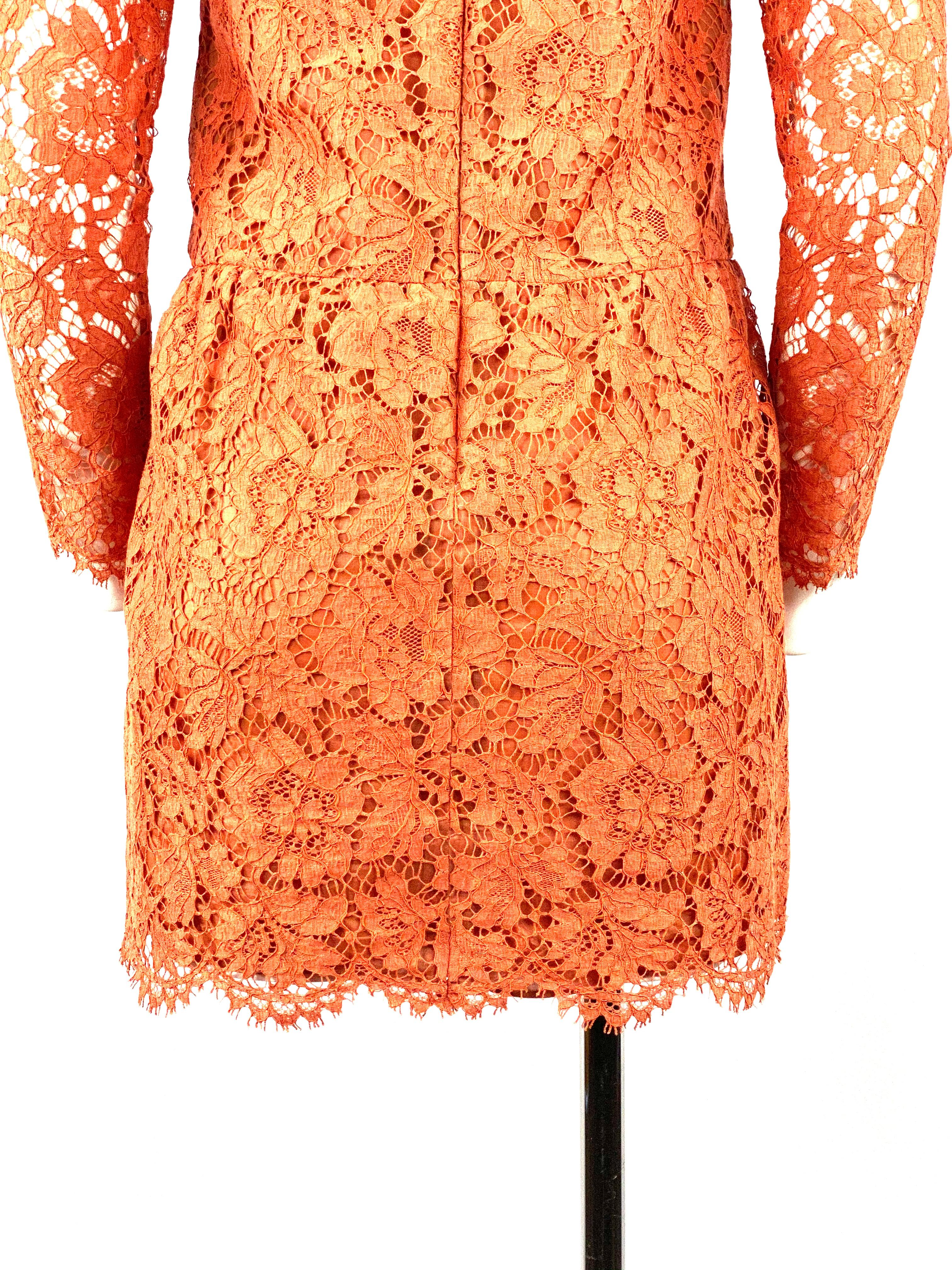 VALENTINO Spa Orange Floral Lace Long Sleeves Mini Dress Size 6 In Excellent Condition In Beverly Hills, CA