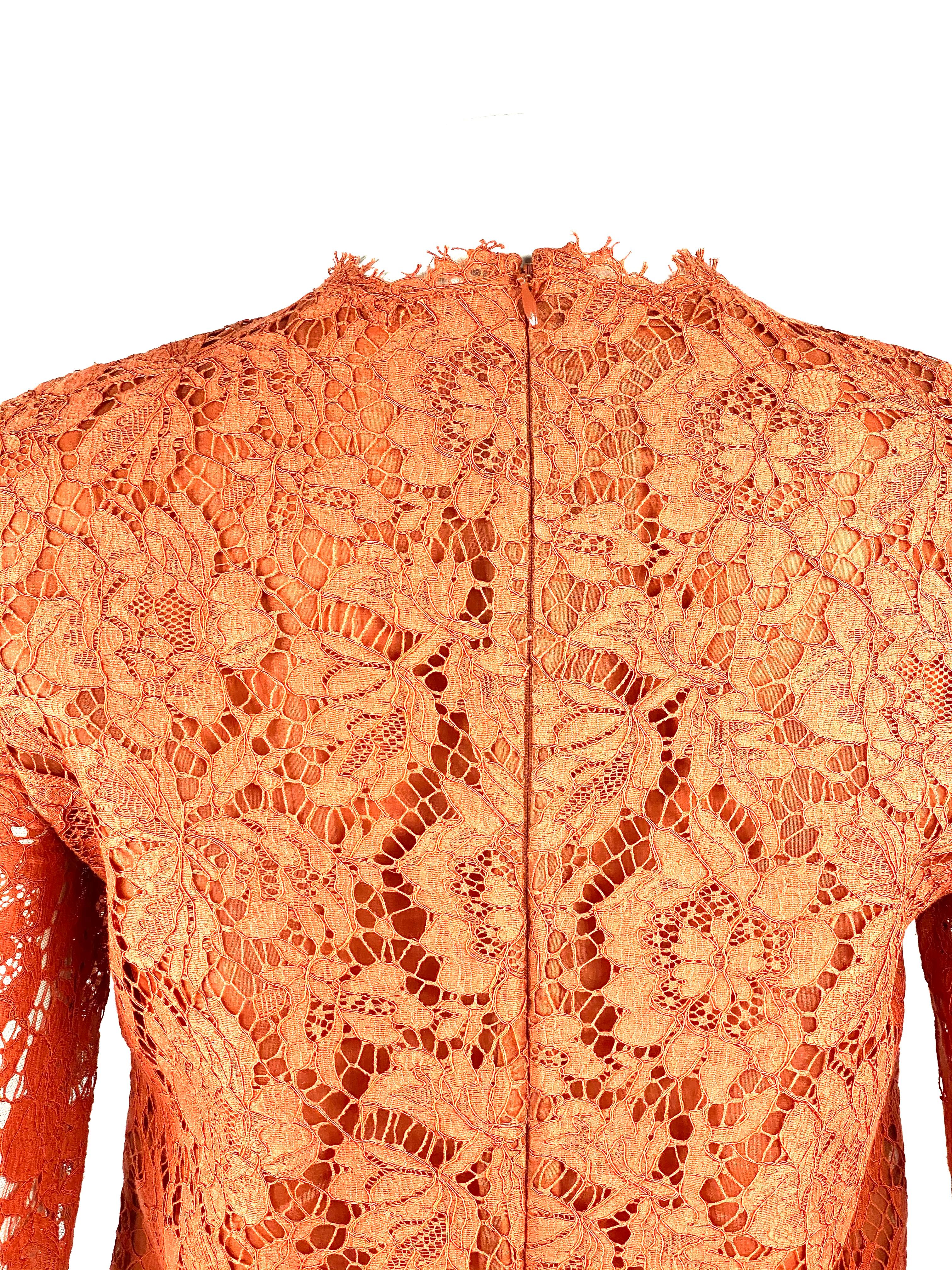 Women's VALENTINO Spa Orange Floral Lace Long Sleeves Mini Dress Size 6