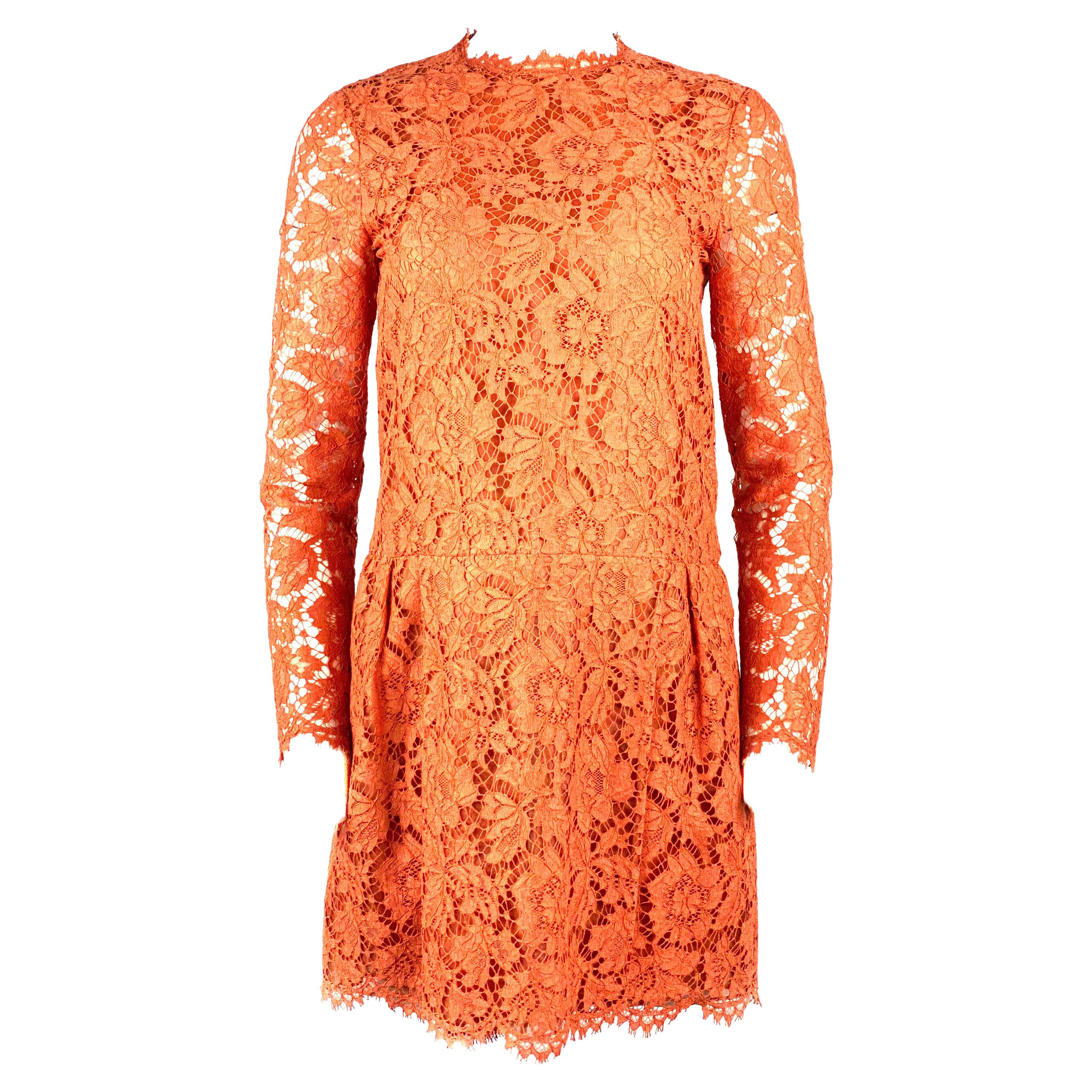 VALENTINO Spa Orange Floral Lace Long Sleeves Mini Dress Size 6