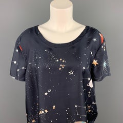 VALENTINO Spa Size L Navy Cosmo Print Silk Blouse