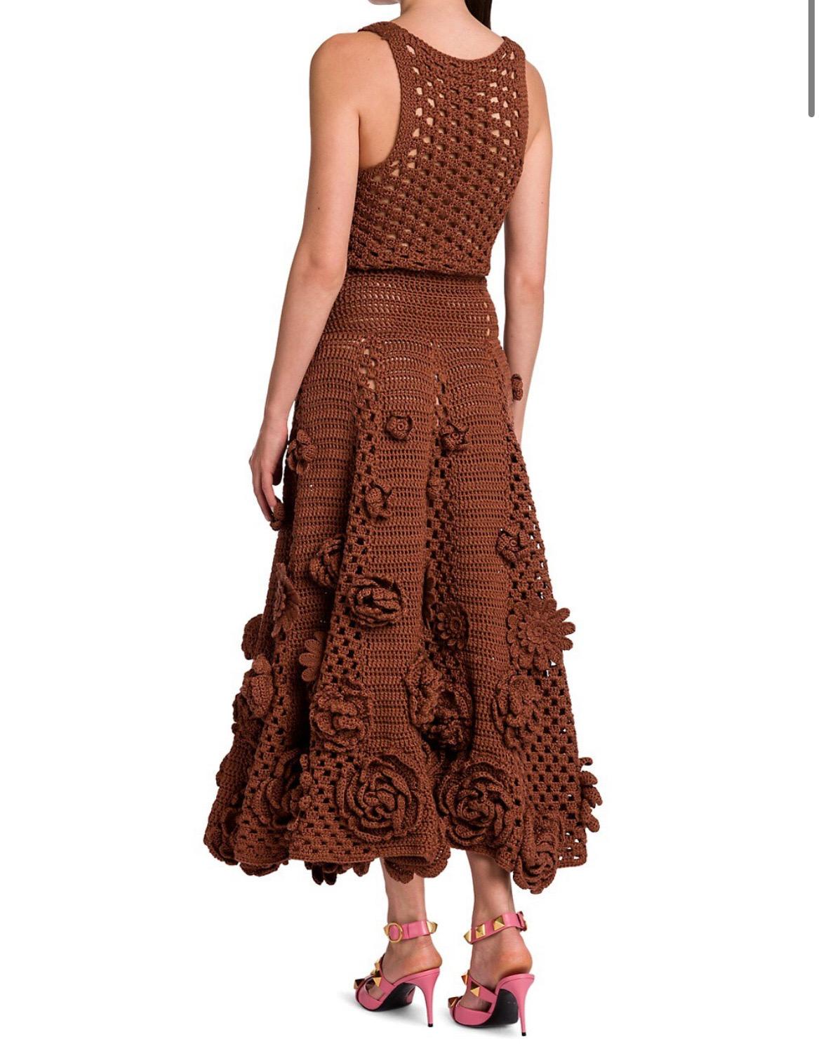 Brown Valentino Spring/Summer 2021 Floral Open-Knit Cotton Midi Dress in Caramel For Sale