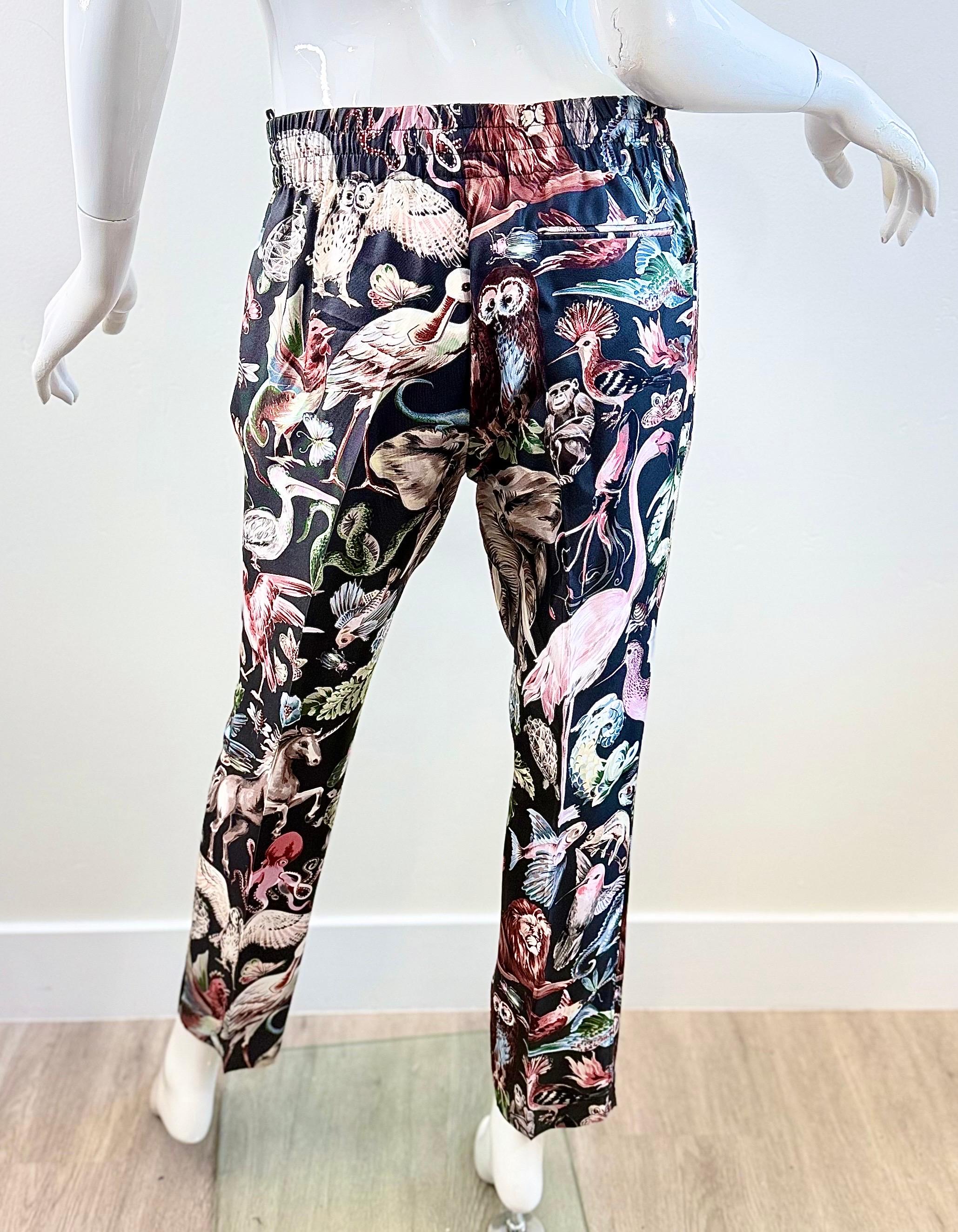 De las mujeres Valentino SS2016 Silk Fantastic Animals Print Drawstring PJ Style Trousers Pants en venta