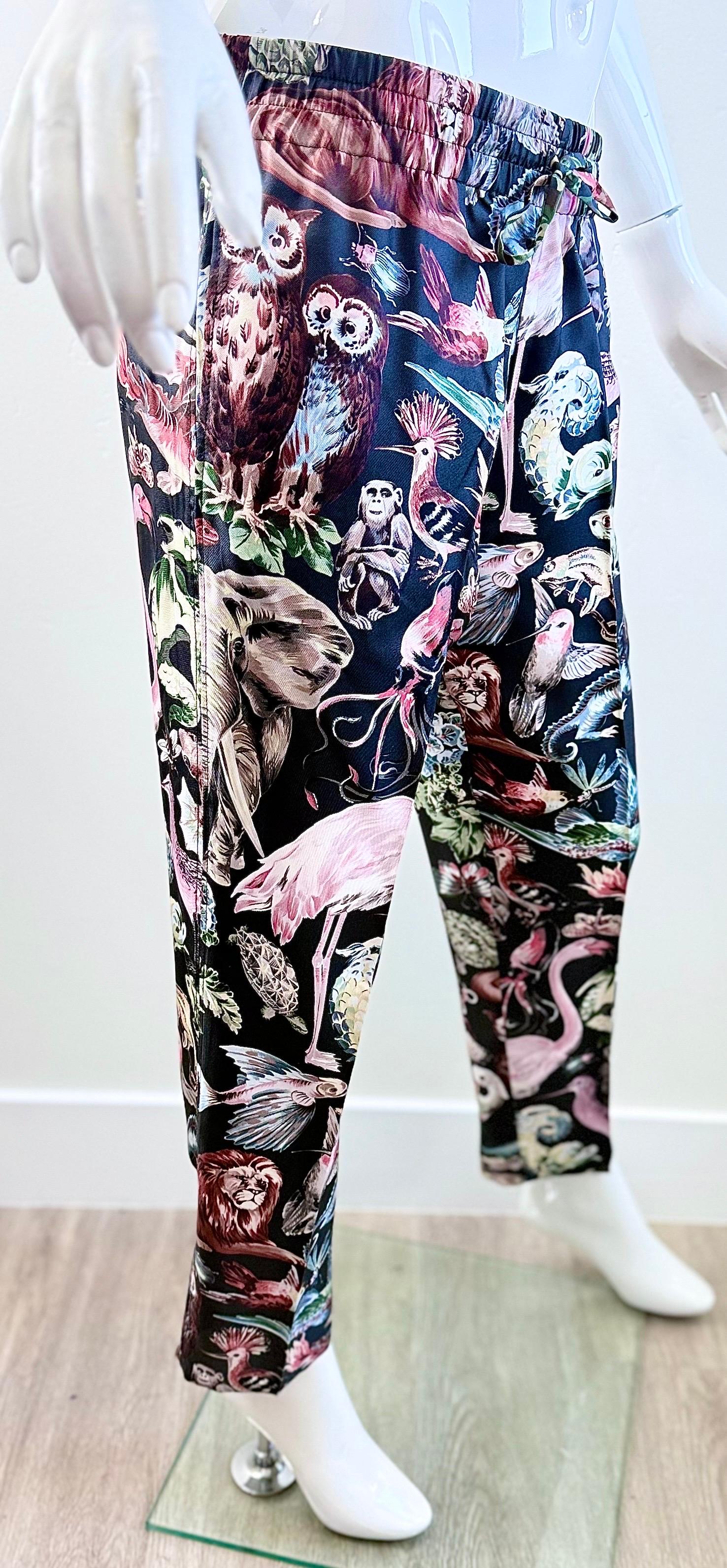 Valentino SS2016 Silk Fantastic Animals Print Drawstring PJ Style Trousers Pants en venta 4