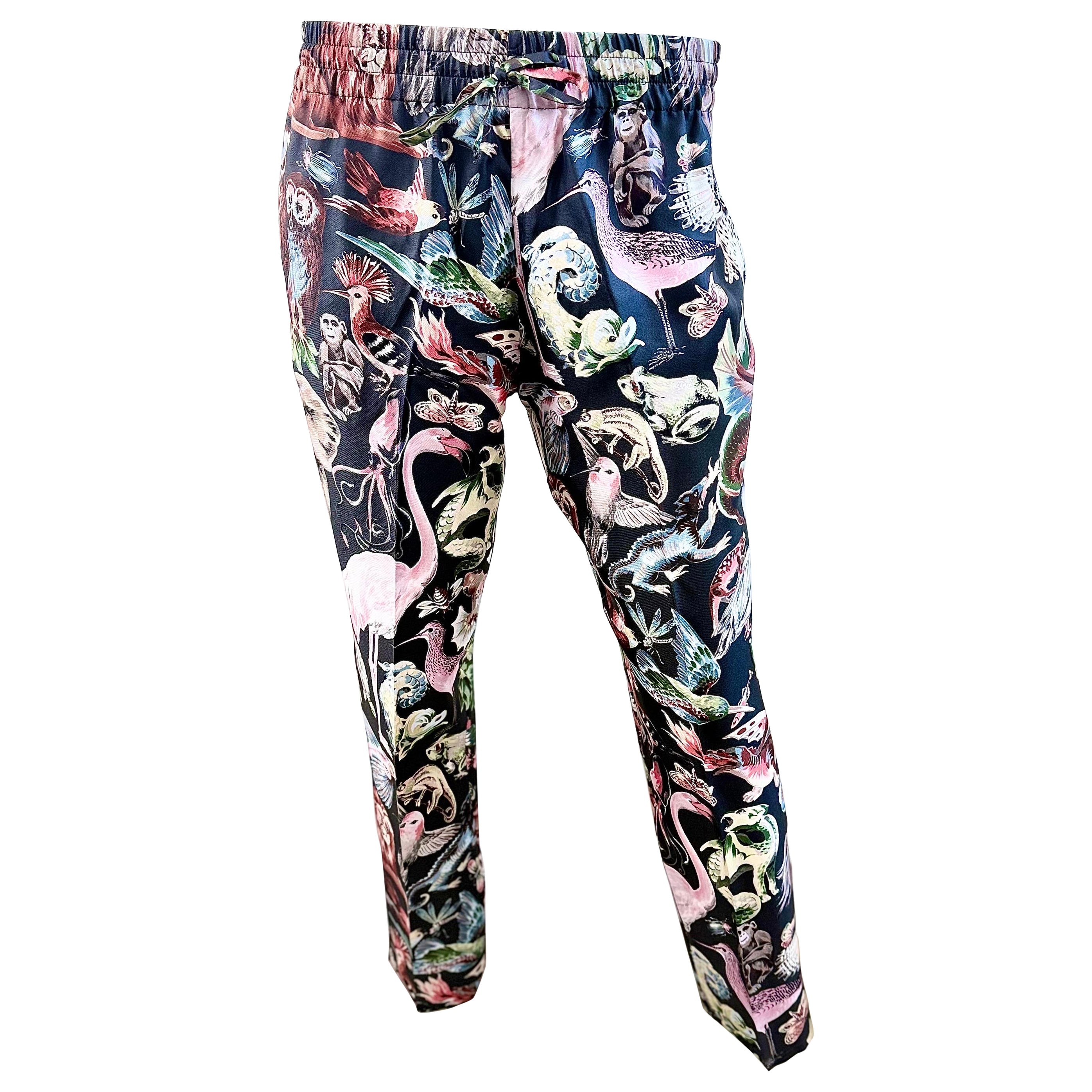 Valentino SS2016 Silk Fantastic Animals Print Drawstring PJ Style Trousers Pants