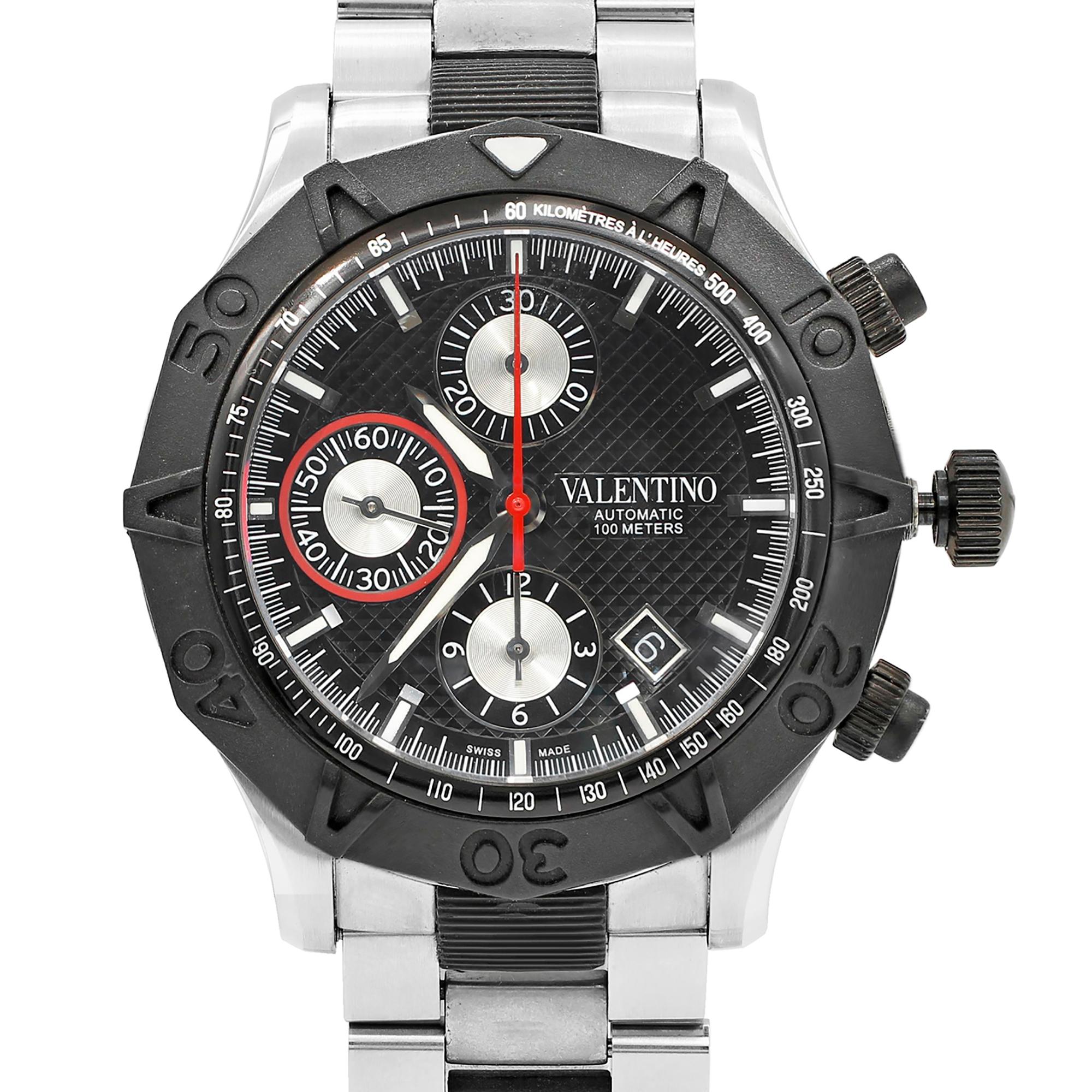 This pre-owned Valentino  N/A V40LCA9R909-S09R is a beautiful men's timepiece that is powered by mechanical (automatic) movement which is cased in a stainless steel case. It has a round shape face, chronograph, date indicator, small seconds subdial,