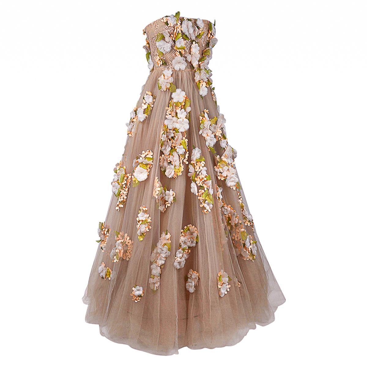 Valentino Trägerloses Empire-Kleid in Nude mit Blumenschmuck 1 von 2 Größe 0 9