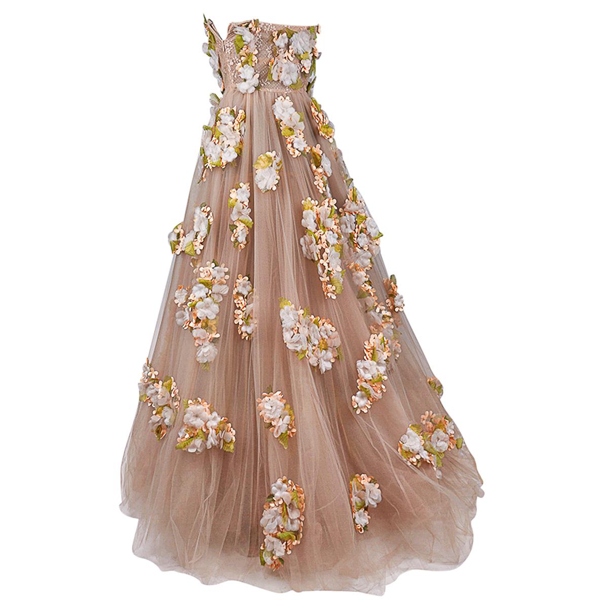 Valentino Trägerloses Empire-Kleid in Nude mit Blumenschmuck 1 von 2 Größe 0 14
