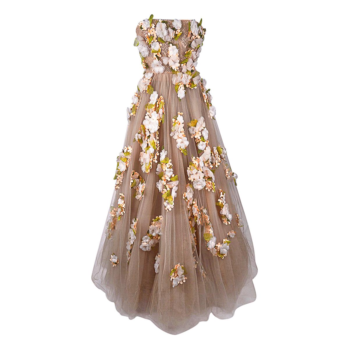 Valentino Trägerloses Empire-Kleid in Nude mit Blumenschmuck 1 von 2 Größe 0