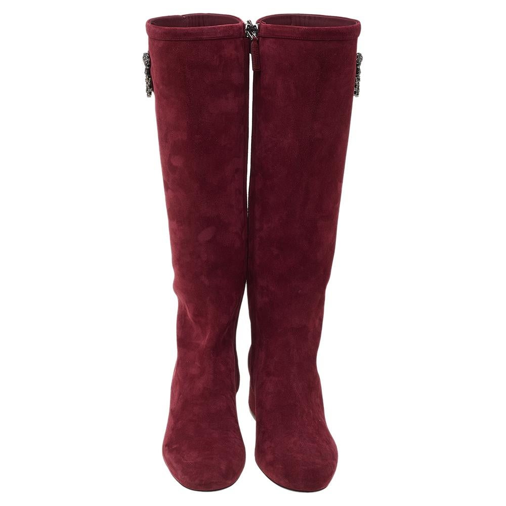 Black Valentino Suede Maison Gryphons Embellished Knee Length Boots Size EU 37
