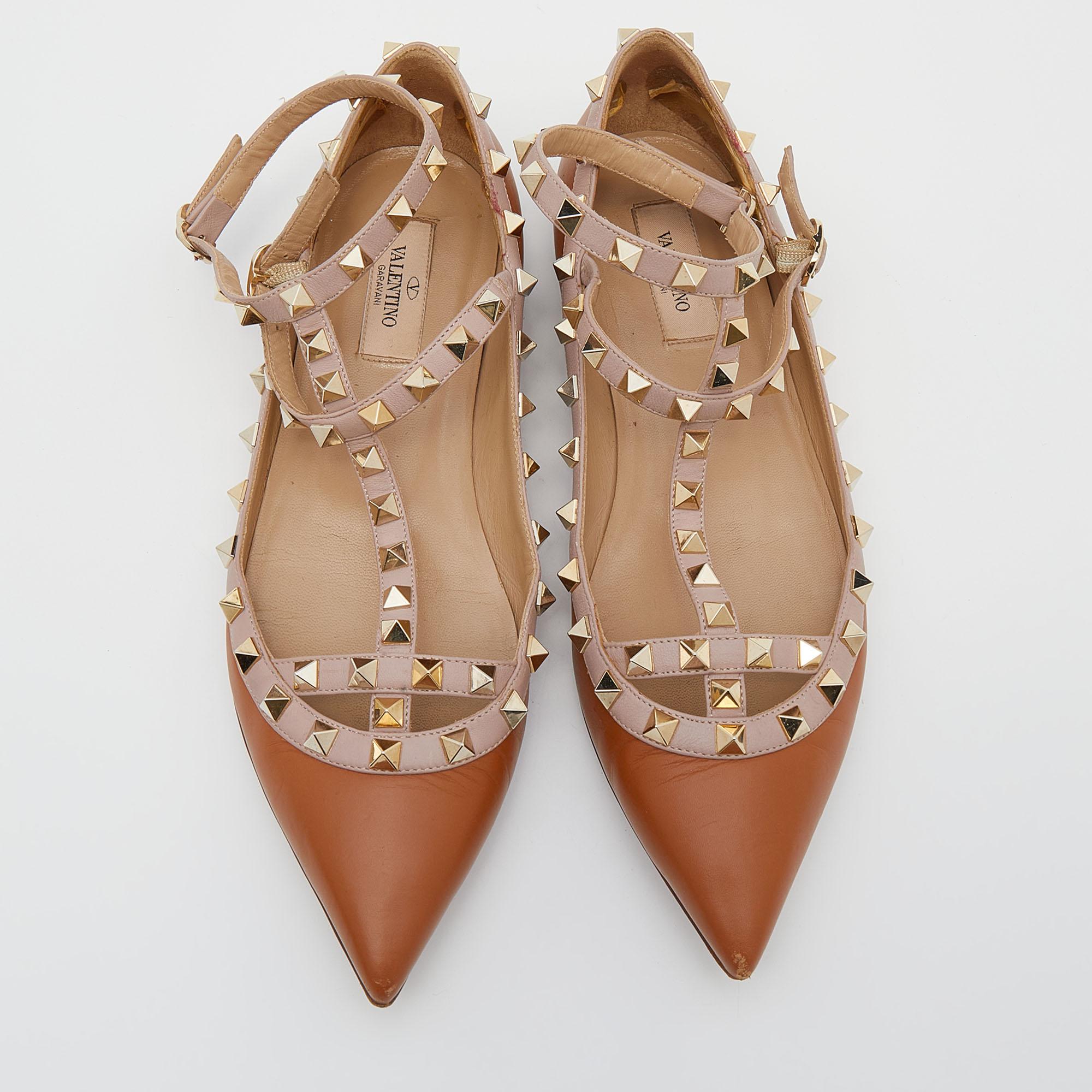 Brown Valentino Tan/Beige Leather Rockstud Ankle Strap Ballet Flats Size 39