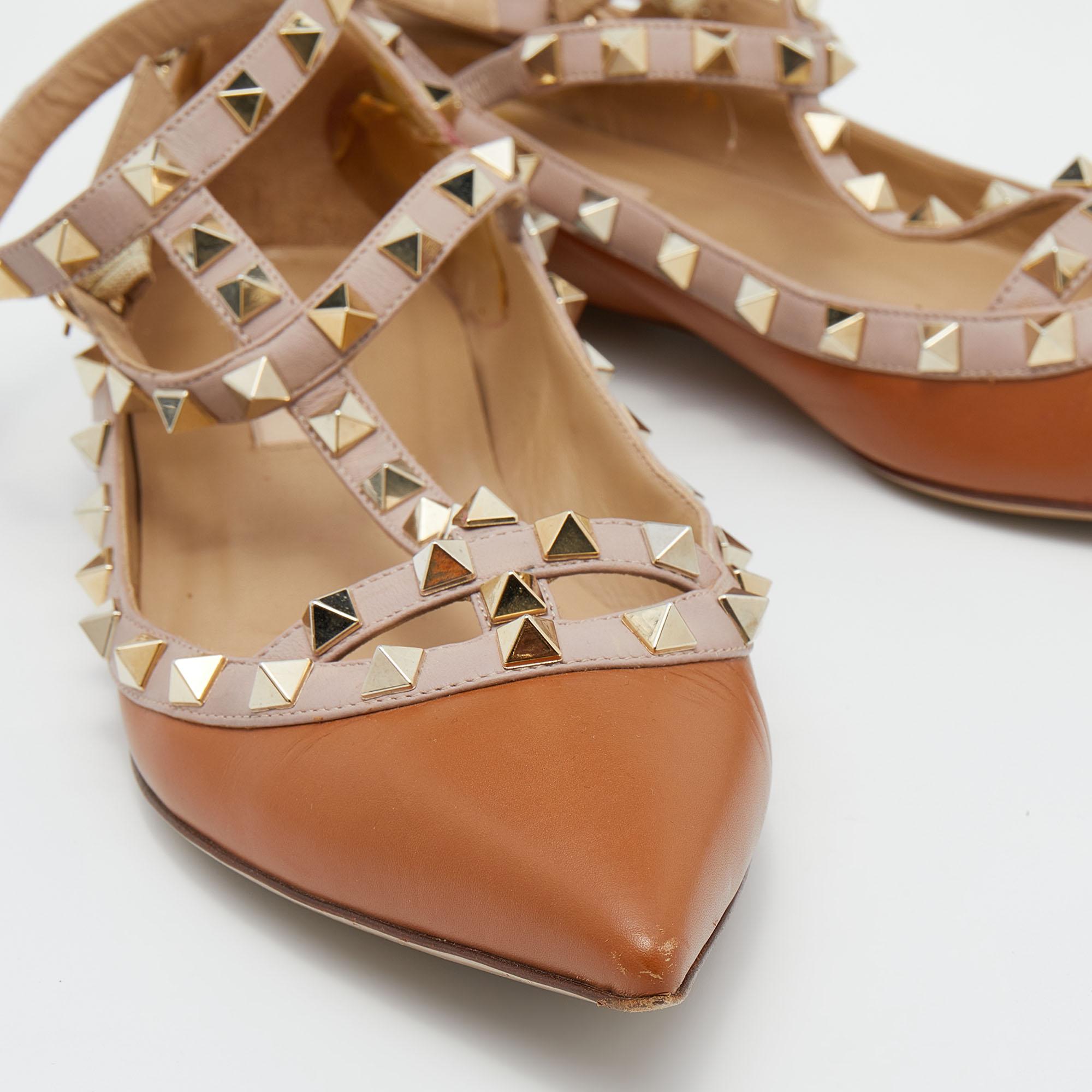 Women's Valentino Tan/Beige Leather Rockstud Ankle Strap Ballet Flats Size 39