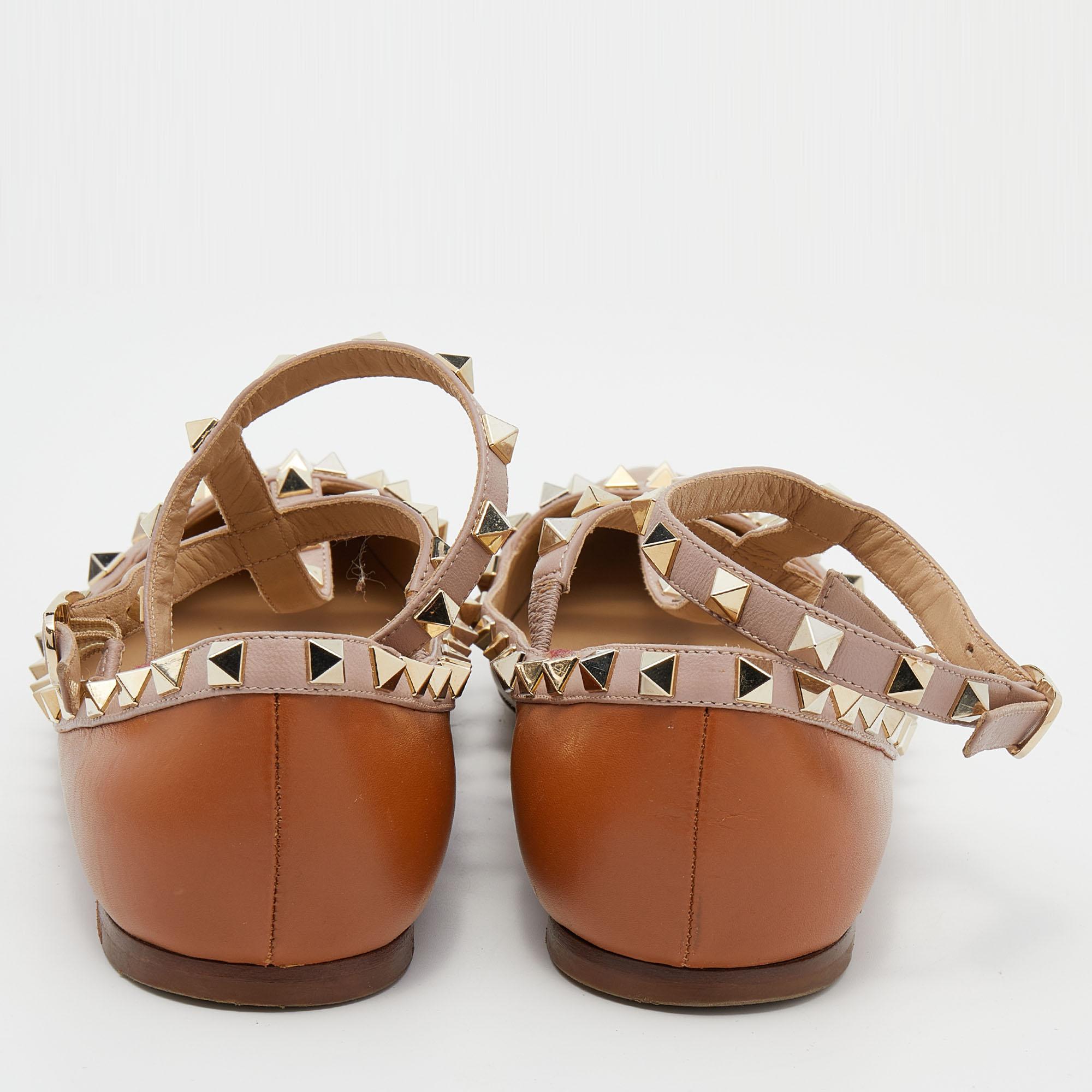 Valentino Tan/Beige Leather Rockstud Ankle Strap Ballet Flats Size 39 1
