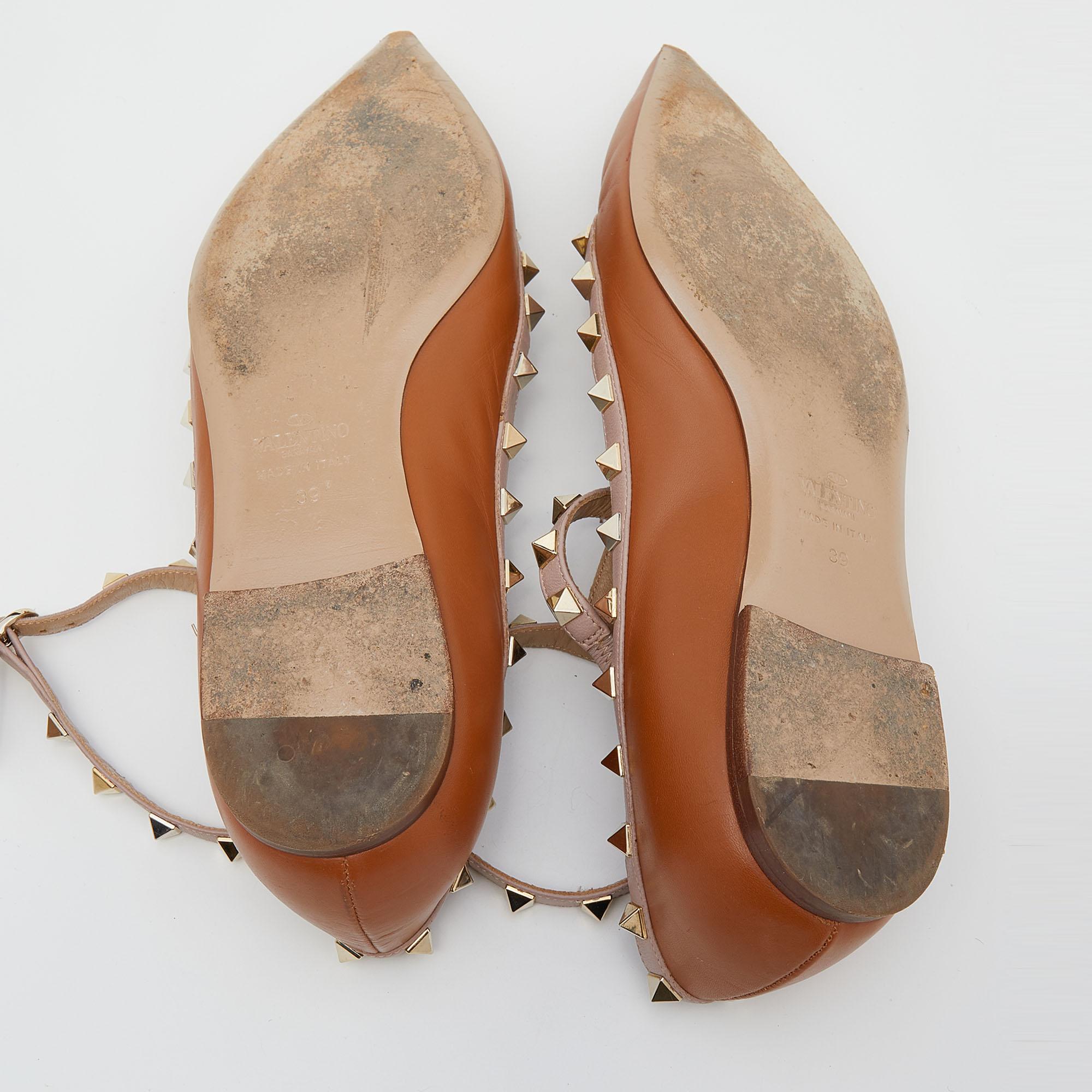 Valentino Tan/Beige Leather Rockstud Ankle Strap Ballet Flats Size 39 2