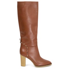 VALENTINO tan brown leather ROCKSTUD Knee High Boots Shoes 38