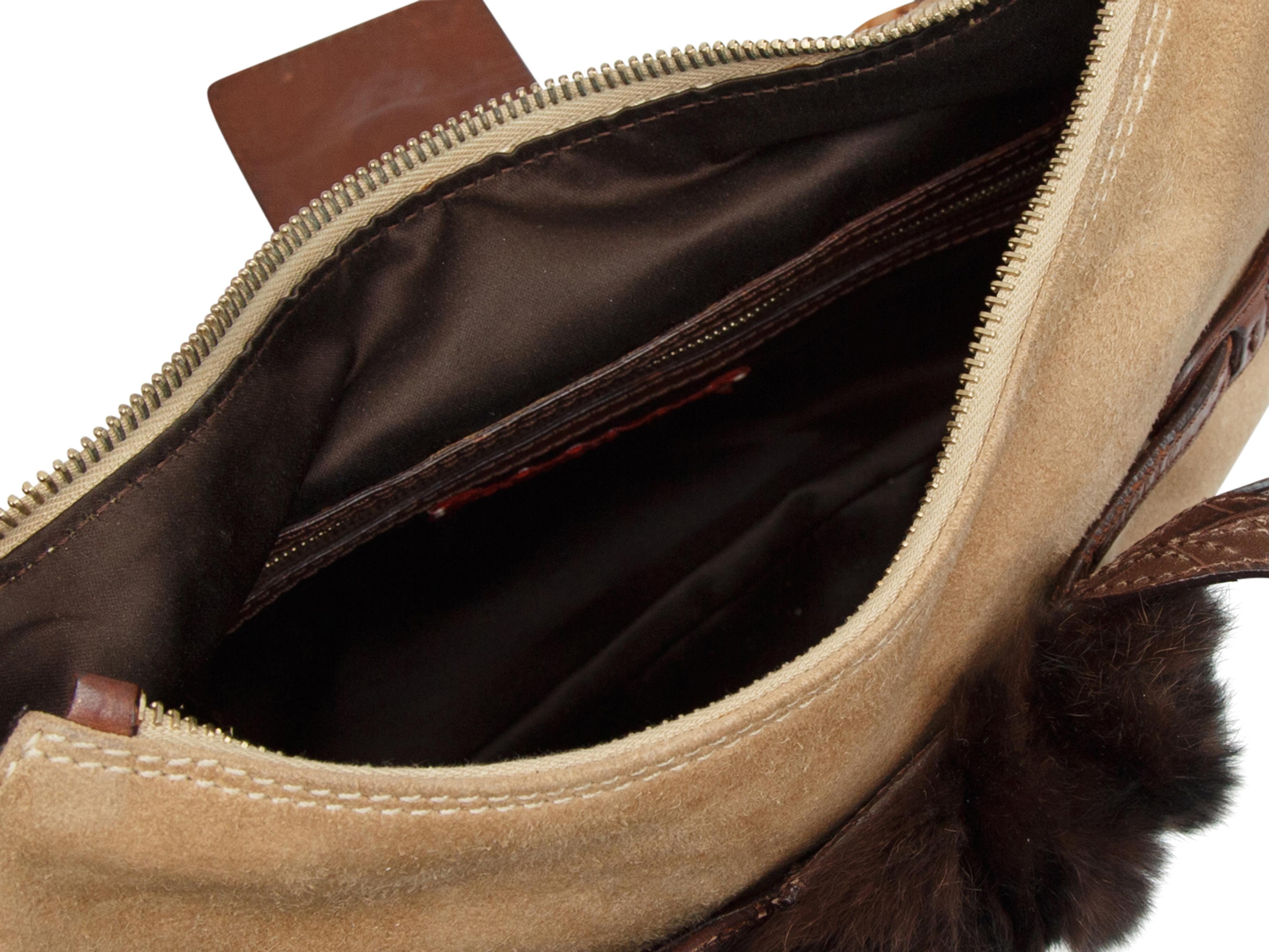 Product details: Tan suede shoulder bag with brown leather trim by Valentino. Tortoiseshell chain-link strap. Tonal fur accent at front. Zip closure at top. 11.5