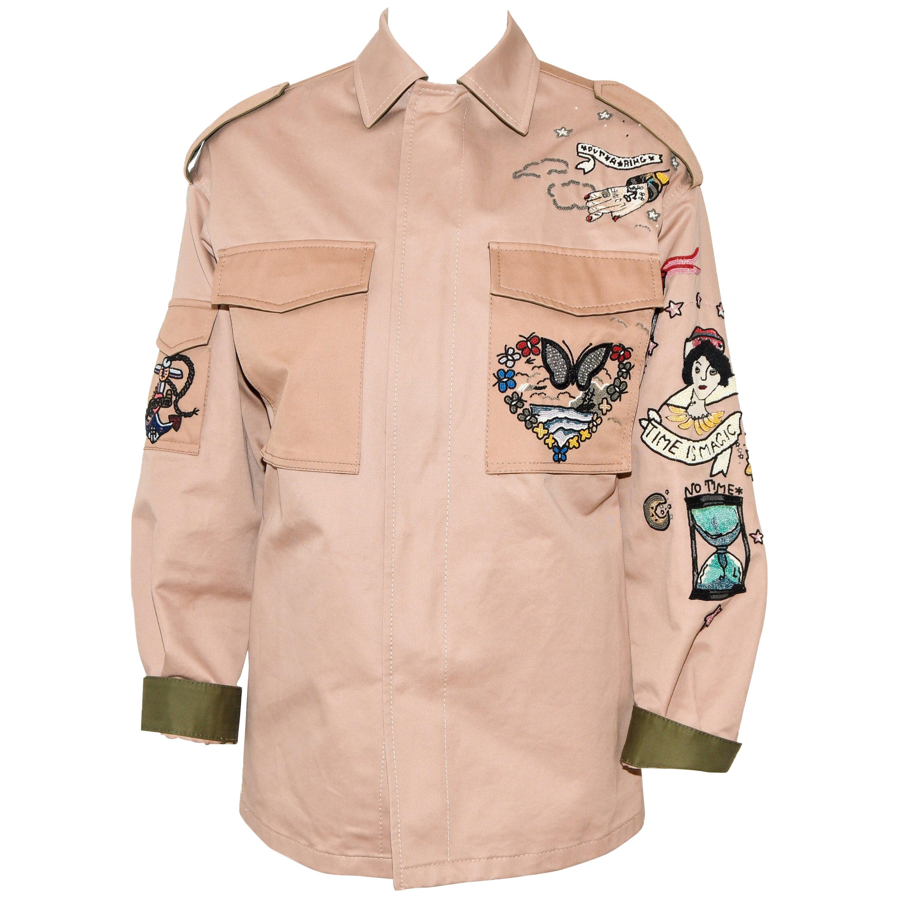 Valentino Tan Canvas Military Inspired Jacket W/ Beaded Embroidered Appliques 