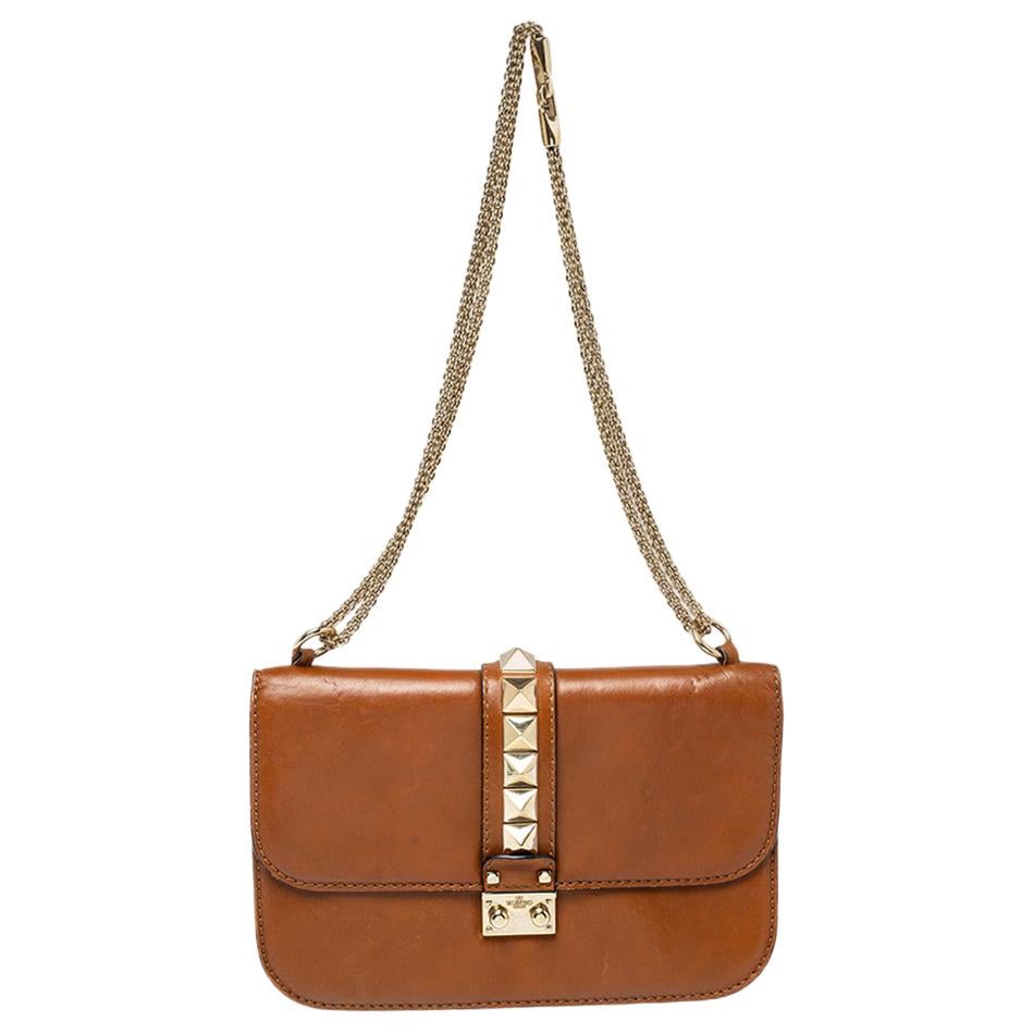 Valentino Tan Leather Medium Rockstud Glam Lock Flap Bag