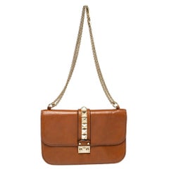 Valentino Tan Leather Medium Rockstud Glam Lock Flap Bag