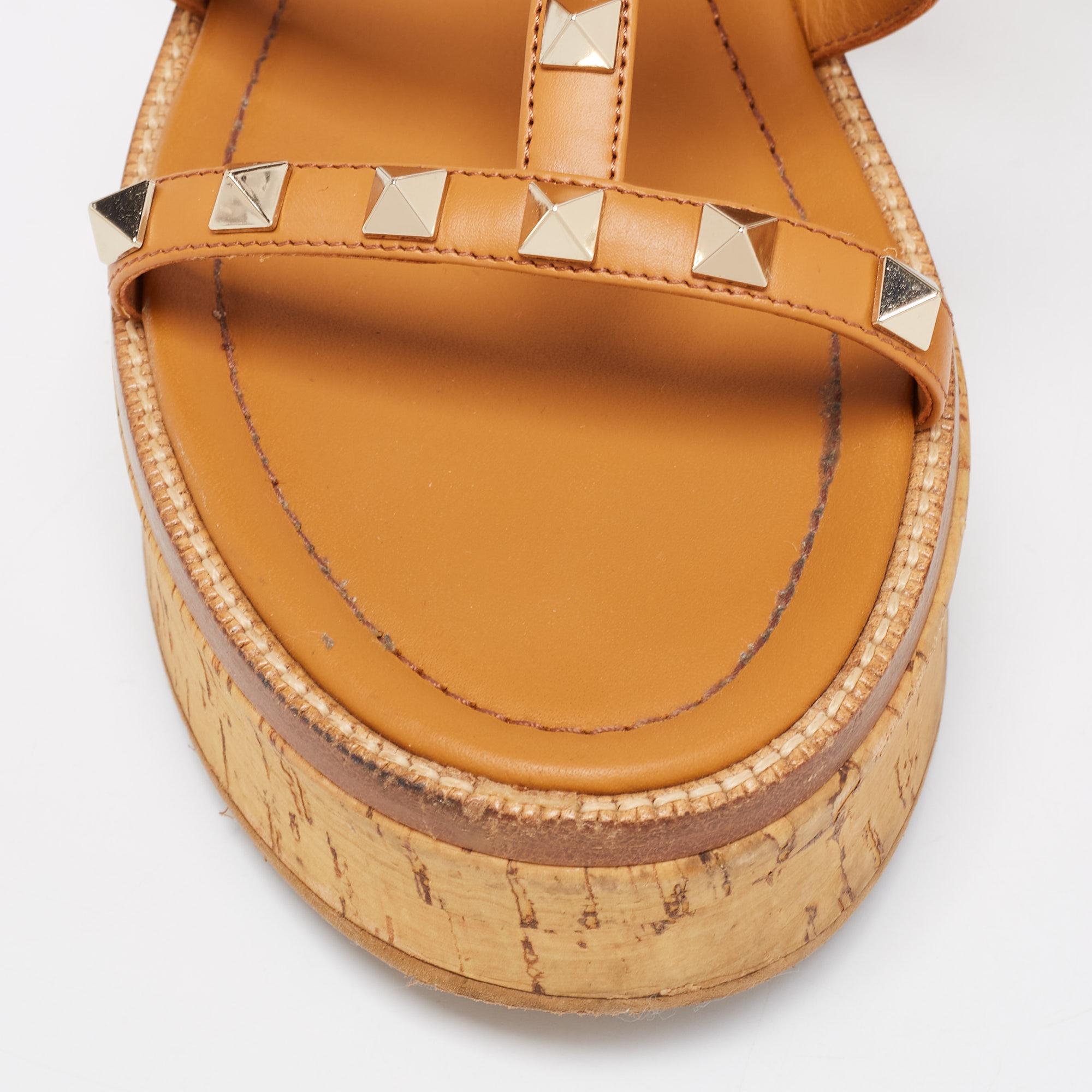 Orange Valentino Tan Leather Rockstud Cork Platform Slide Sandals Size 37.5
