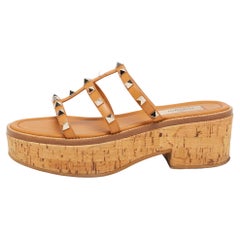 Valentino Tan Leather Rockstud Cork Platform Slide Sandals Size 37.5