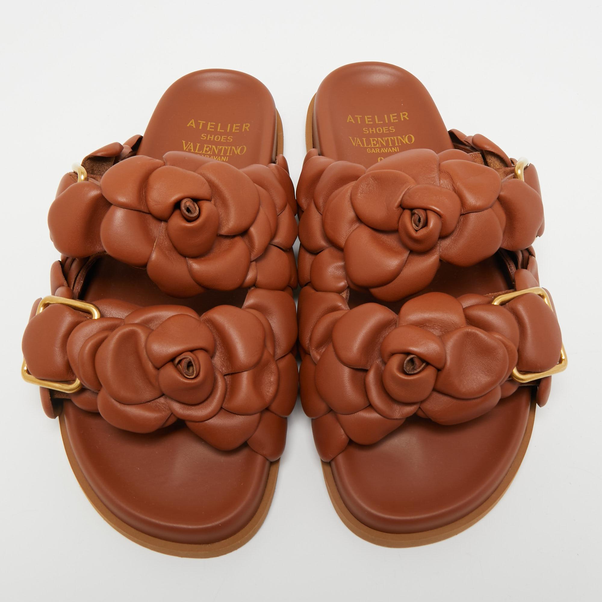 Valentino Tan Leather Rose Atelier Flat Slides Size 38 2