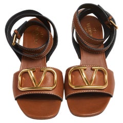 Valentino Tan Leather V Logo Ankle Wrap Sandals Size 37