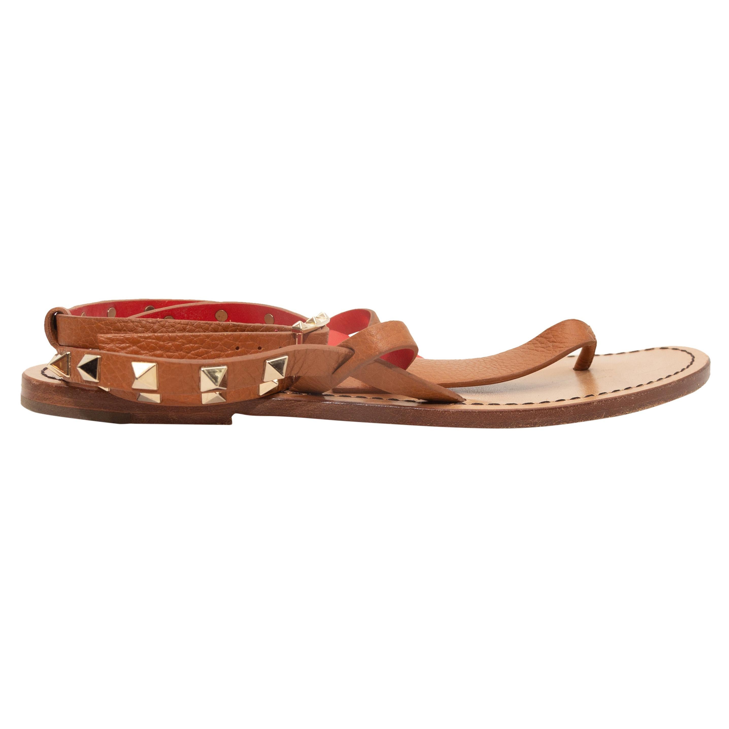 Valentino Tan & Red Rockstud Strappy Sandals