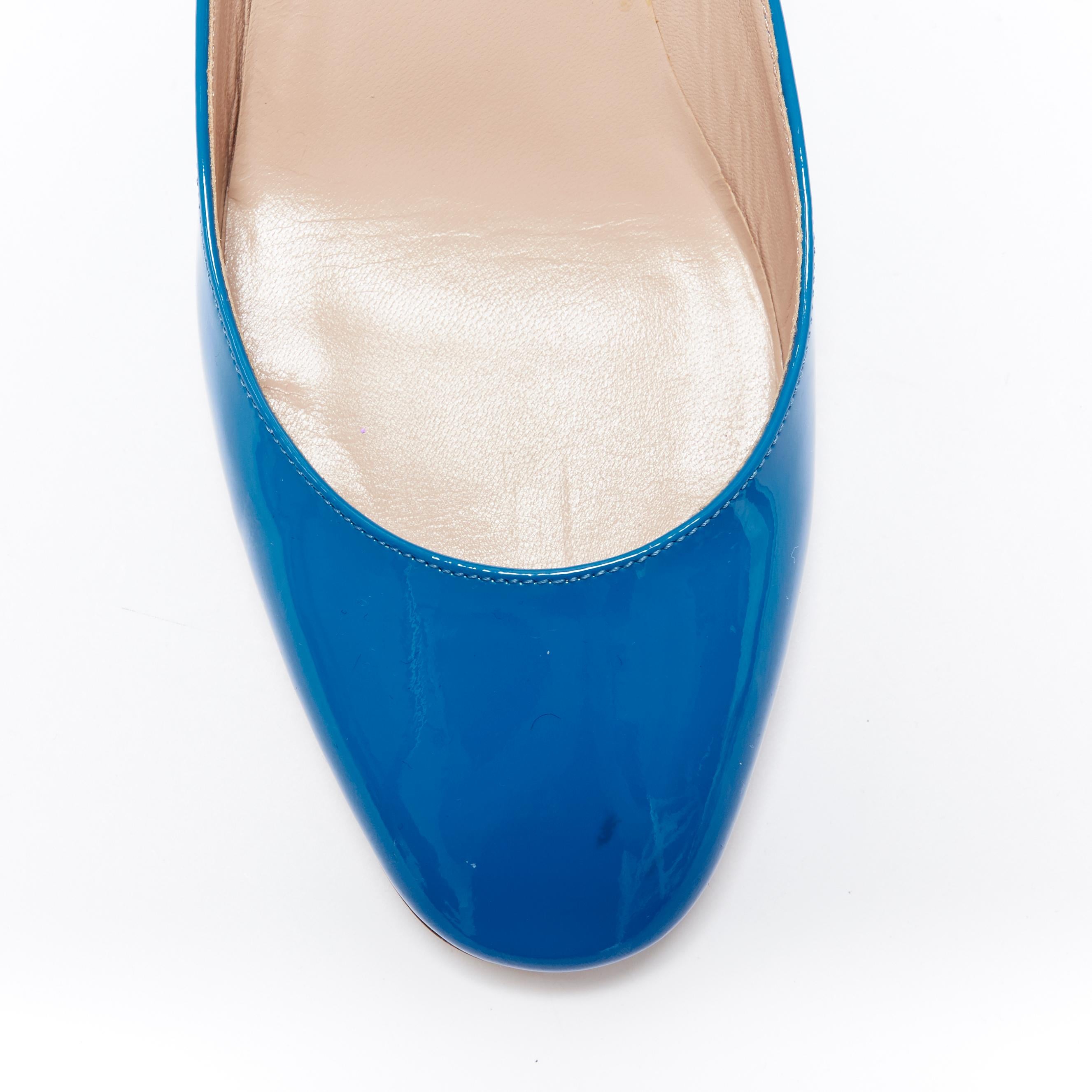 Women's VALENTINO Tango blue patent leather round toe block heel ankle strap pump EU37.5