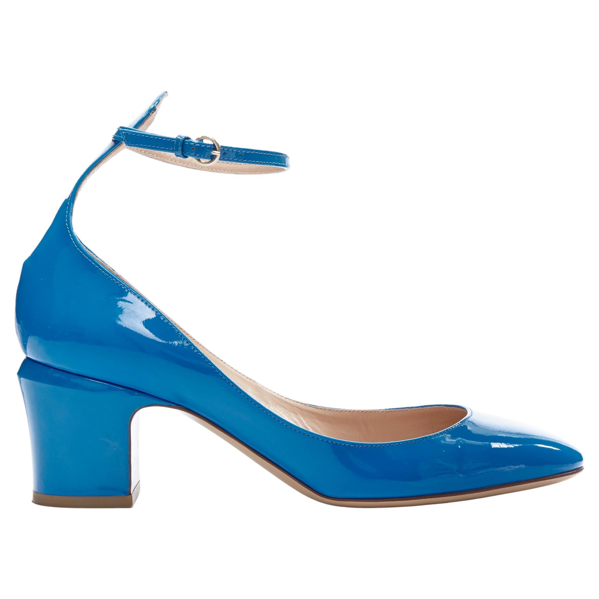 VALENTINO Tango blue patent leather round toe block heel ankle strap pump  EU37.5 at 1stDibs