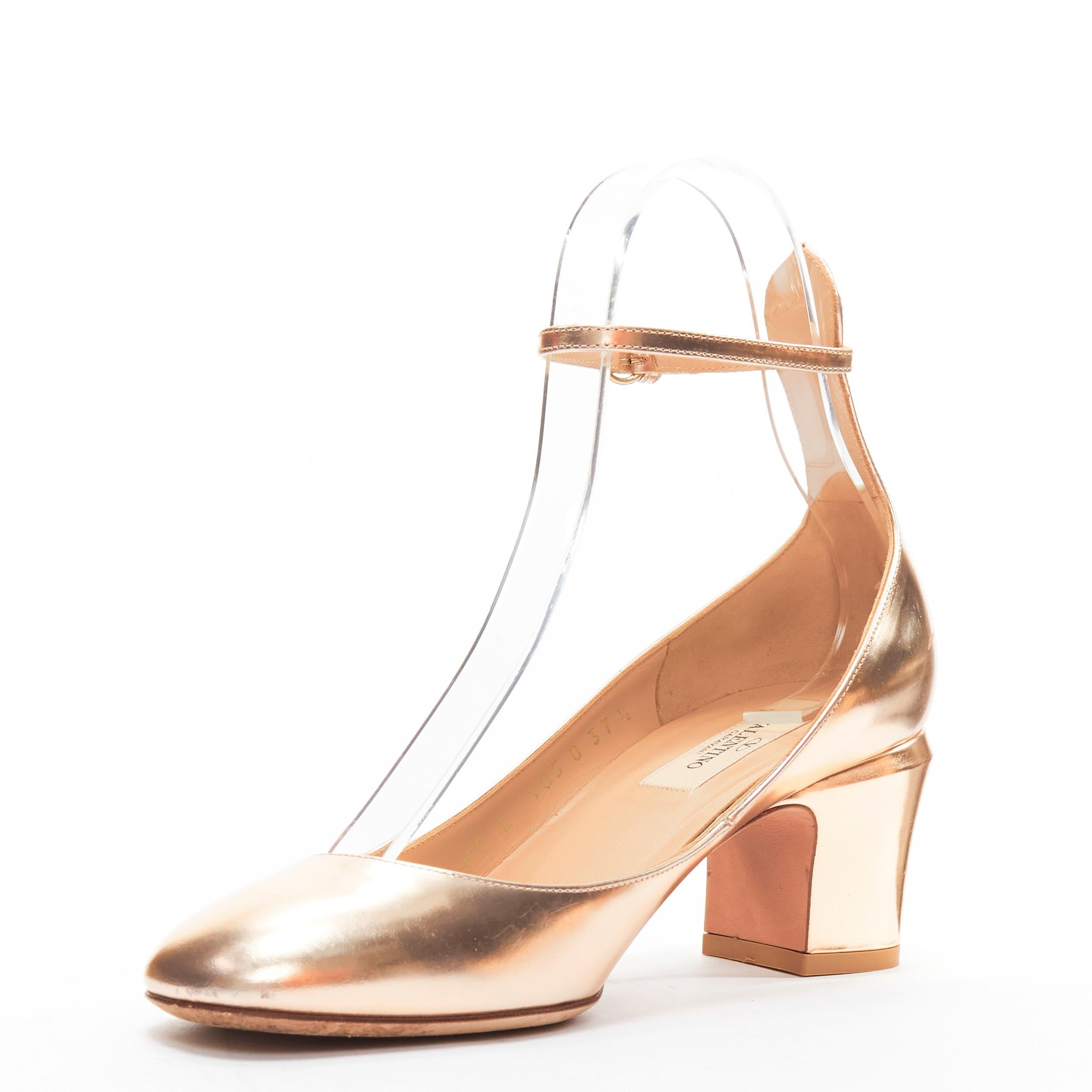 VALENTINO Tango metallic bronze leather ankle strap block heel pumps EU37.5 1
