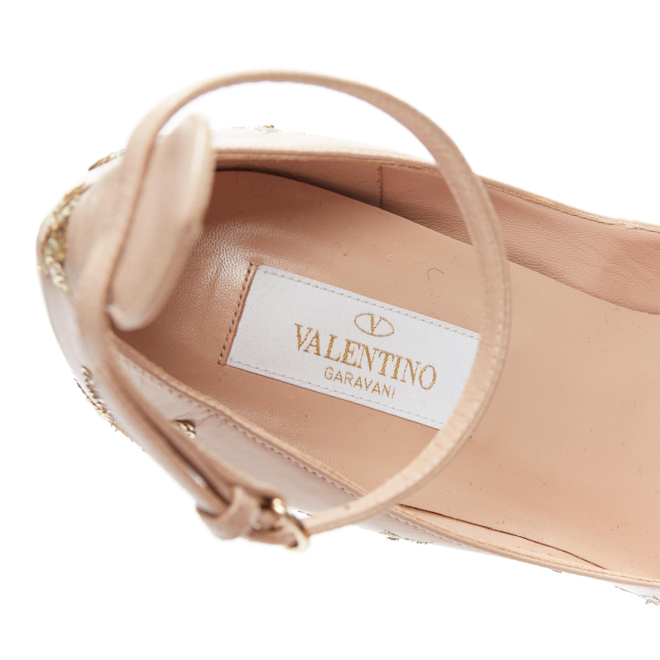 VALENTINO Tango nude gold star embroidered block heel ankle strap pump EU37.5 4