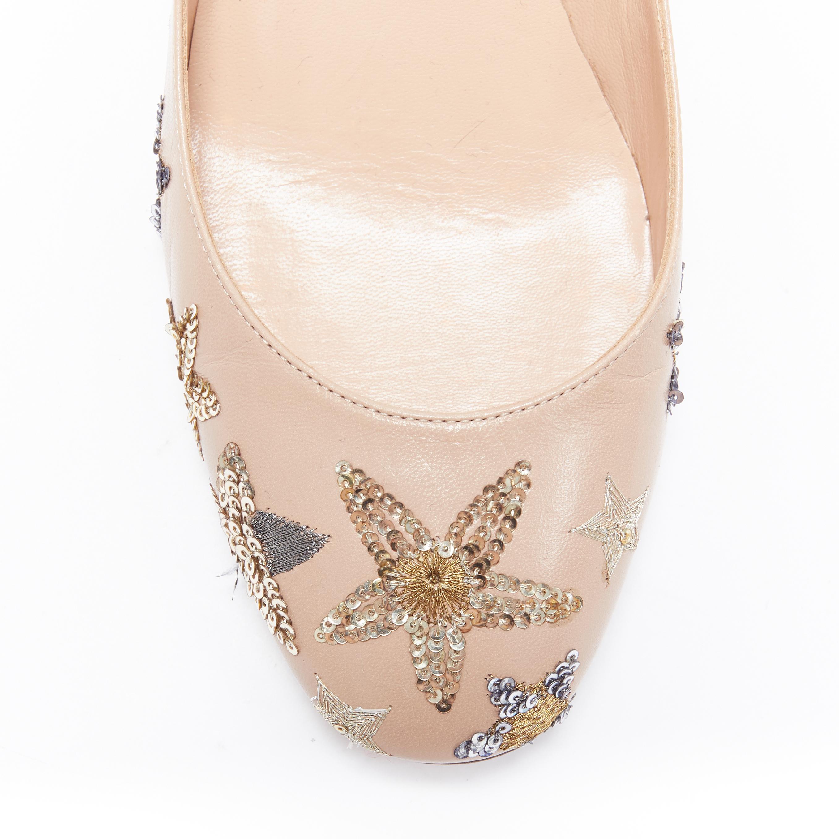 Women's VALENTINO Tango nude gold star embroidered block heel ankle strap pump EU37.5
