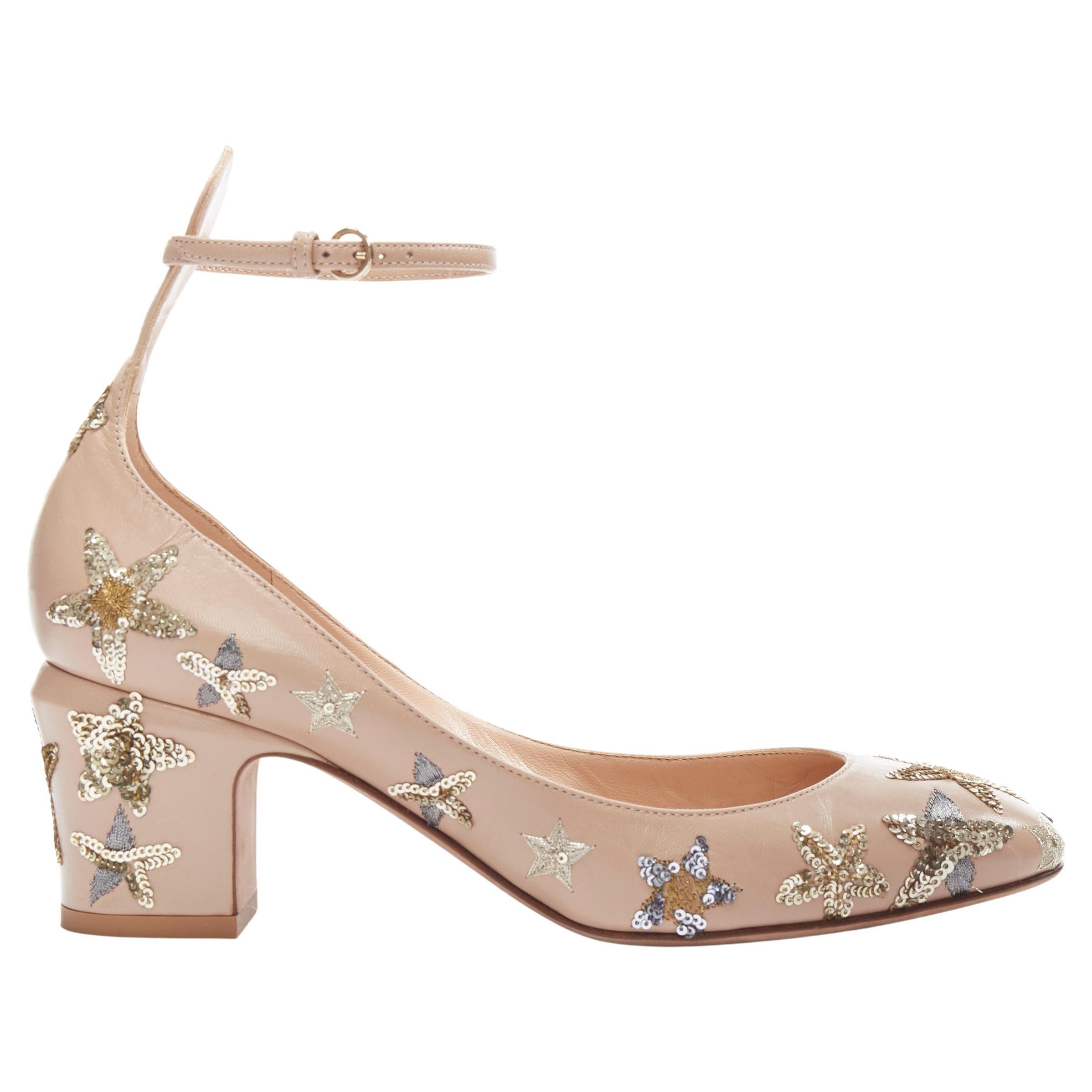 VALENTINO Tango nude gold star embroidered block heel ankle strap pump EU37.5