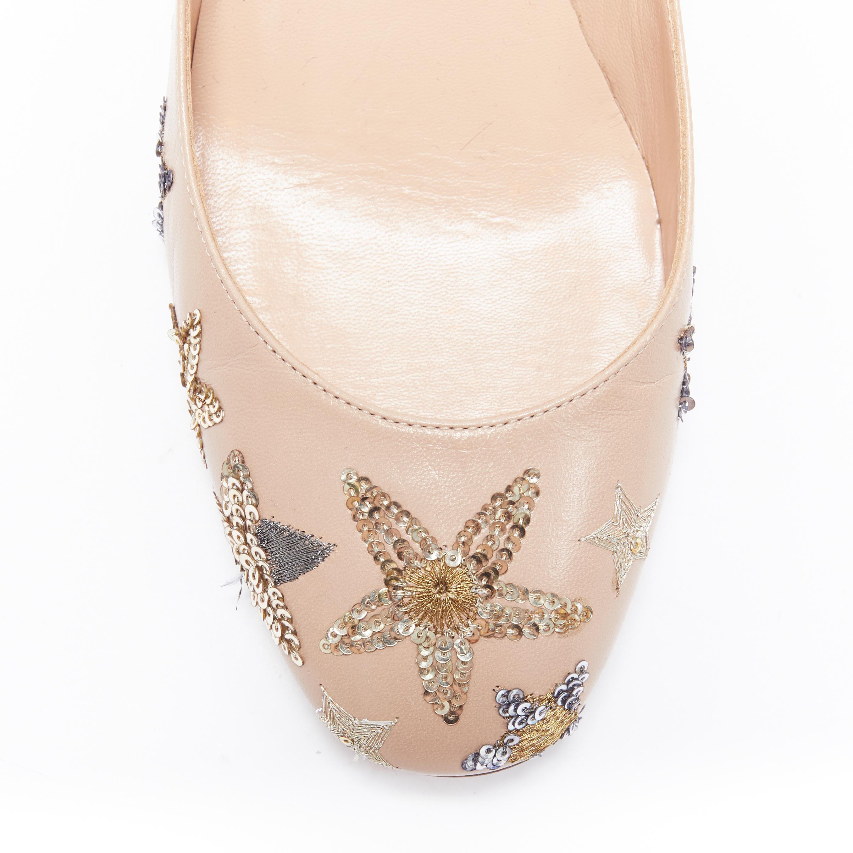 VALENTINO Tango nude patent gold star embroidered ankle strap pump EU37.5 2