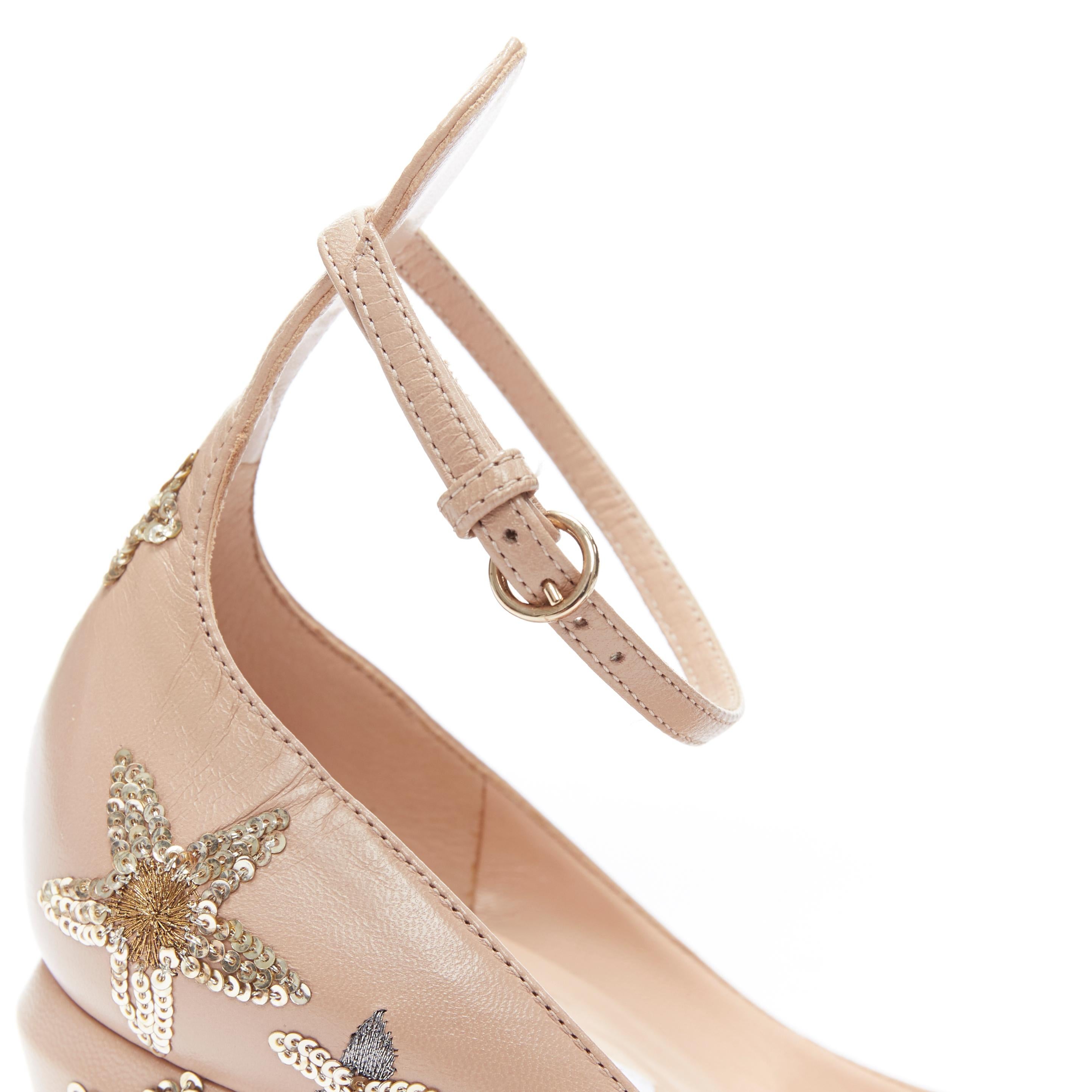 VALENTINO Tango nude patent gold star embroidered ankle strap pump EU37.5 4