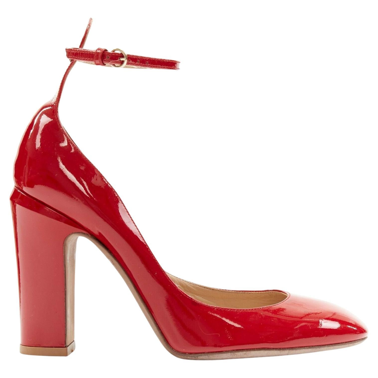 VALENTINO Tango red patent leather ankle strap round toe chunky heel pump EU39