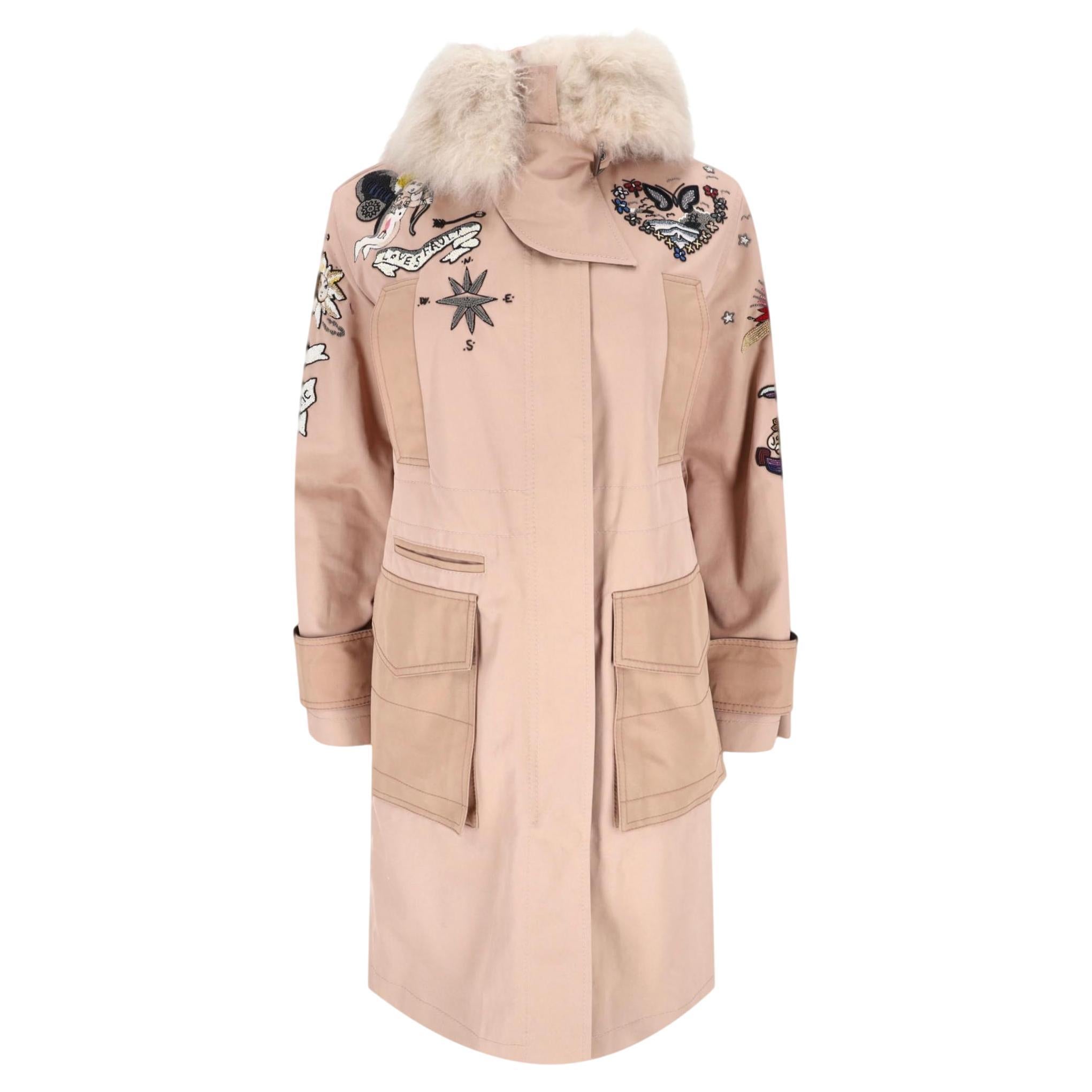 Valentino Tattoo-Perlenbestickter Parka-Mantel mit Pelzbesatz im Angebot