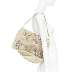 VALENTINO taupe leather crinkled petal rose applique flap crossbody bag