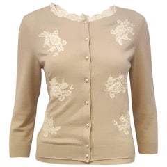 Valentino Taupe Sweater Set w/ Beige Lace Appliques & 8 Faux Pearl Buttons