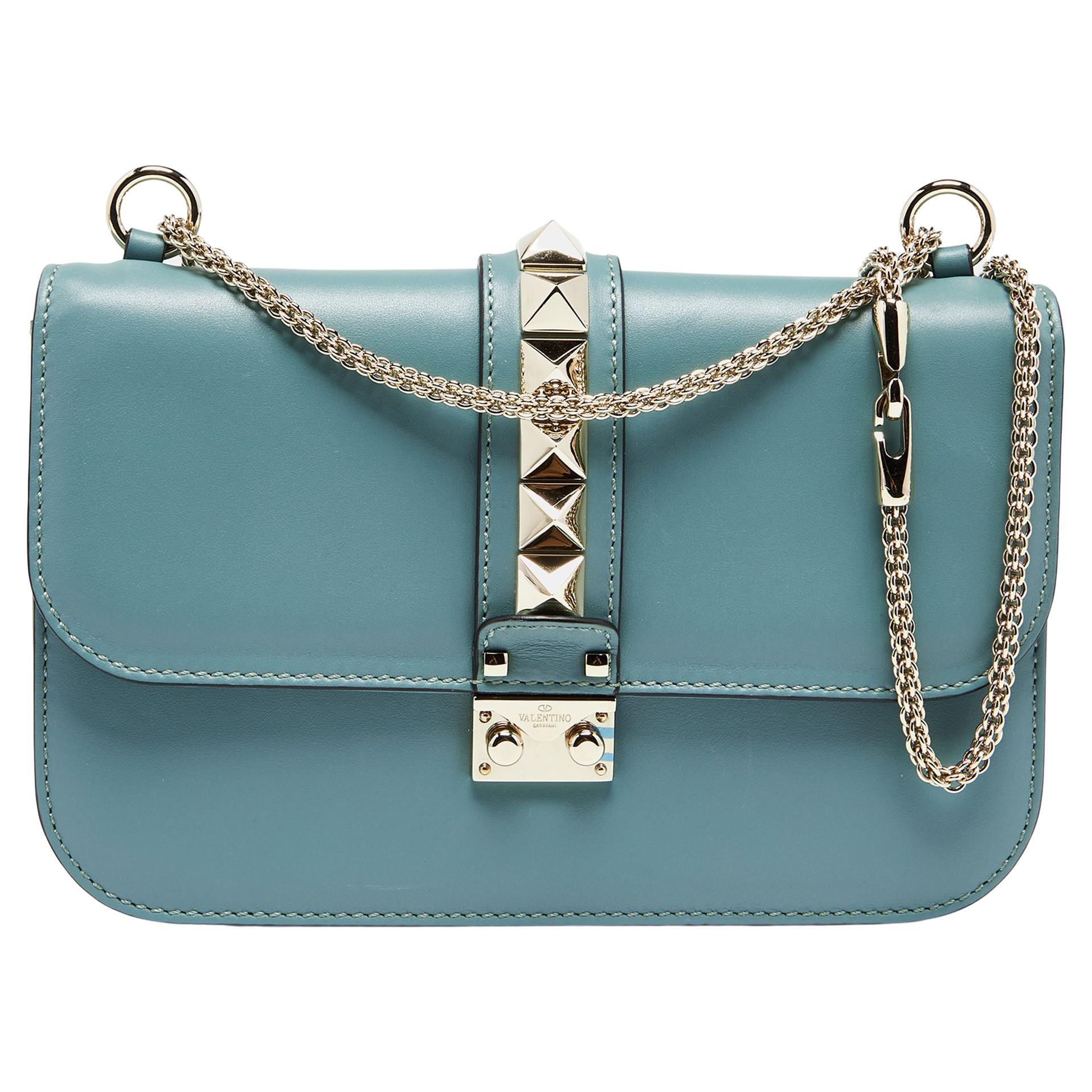 Valentino Neon Green Leather Rockstud Medium Glam Lock Flap Bag at ...