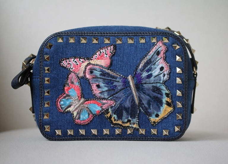 Valentino The Rockstud LeatherTrimmed Embroidered Denim Shoulder Bag