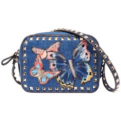 Valentino The Rockstud Leather-Trimmed Embroidered Denim Shoulder Bag