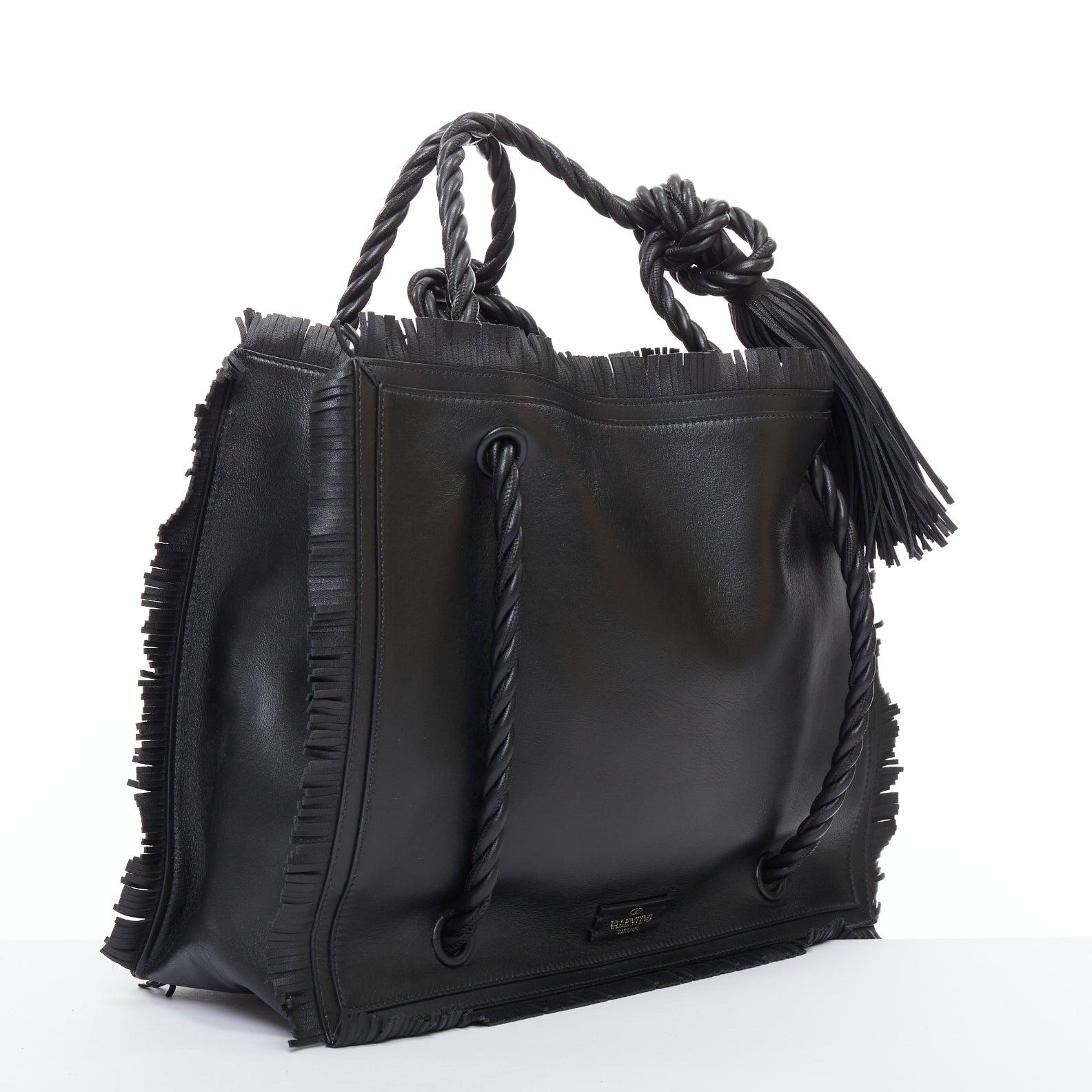 Black VALENTINO The Rope black fringe leather braided rope handle large tote bag