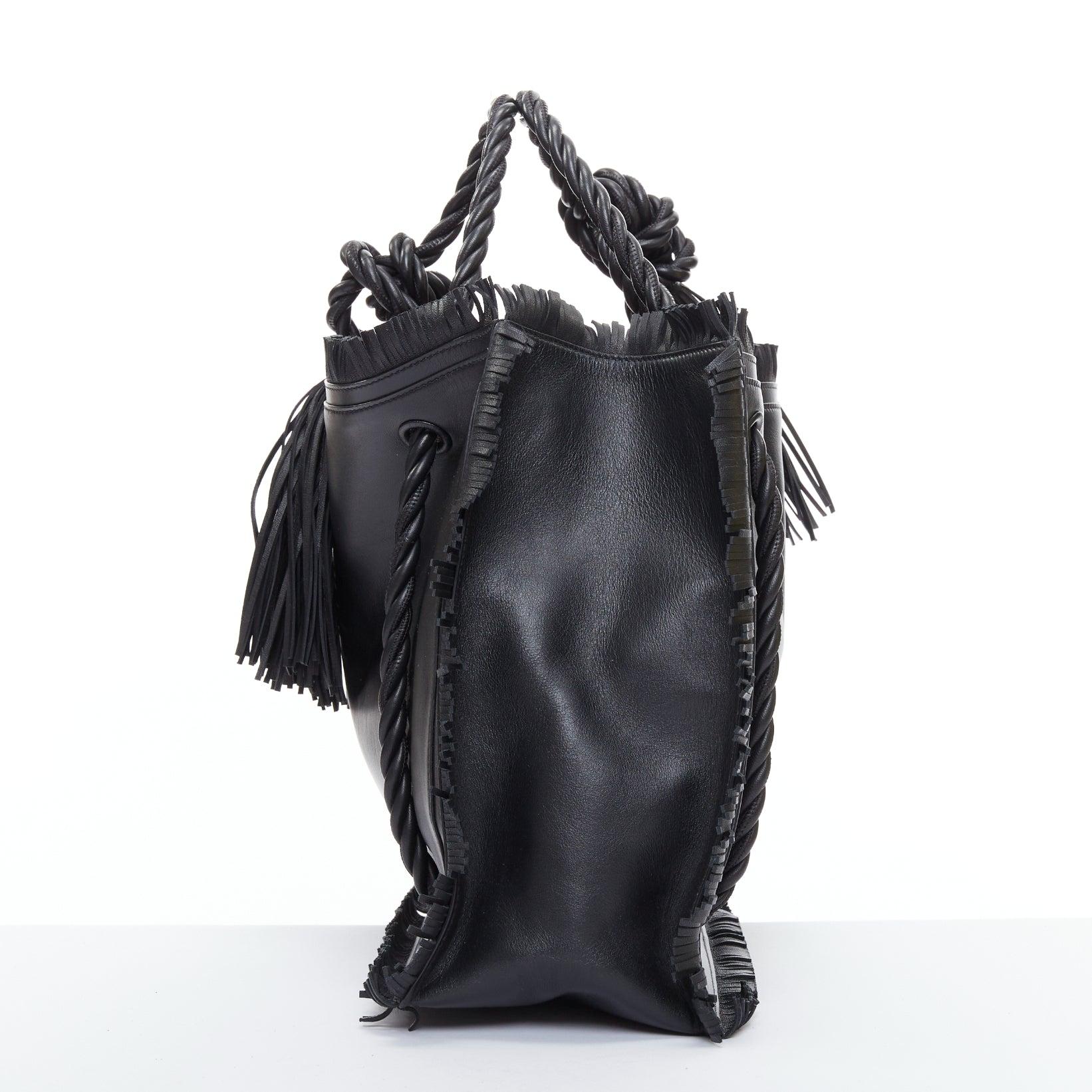Women's VALENTINO The Rope black fringe leather braided rope handle large tote bag