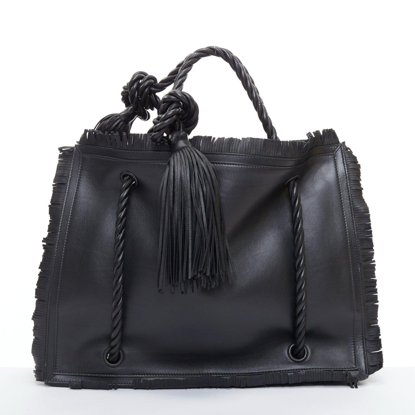 VALENTINO The Rope black fringe leather braided rope handle large tote bag 1