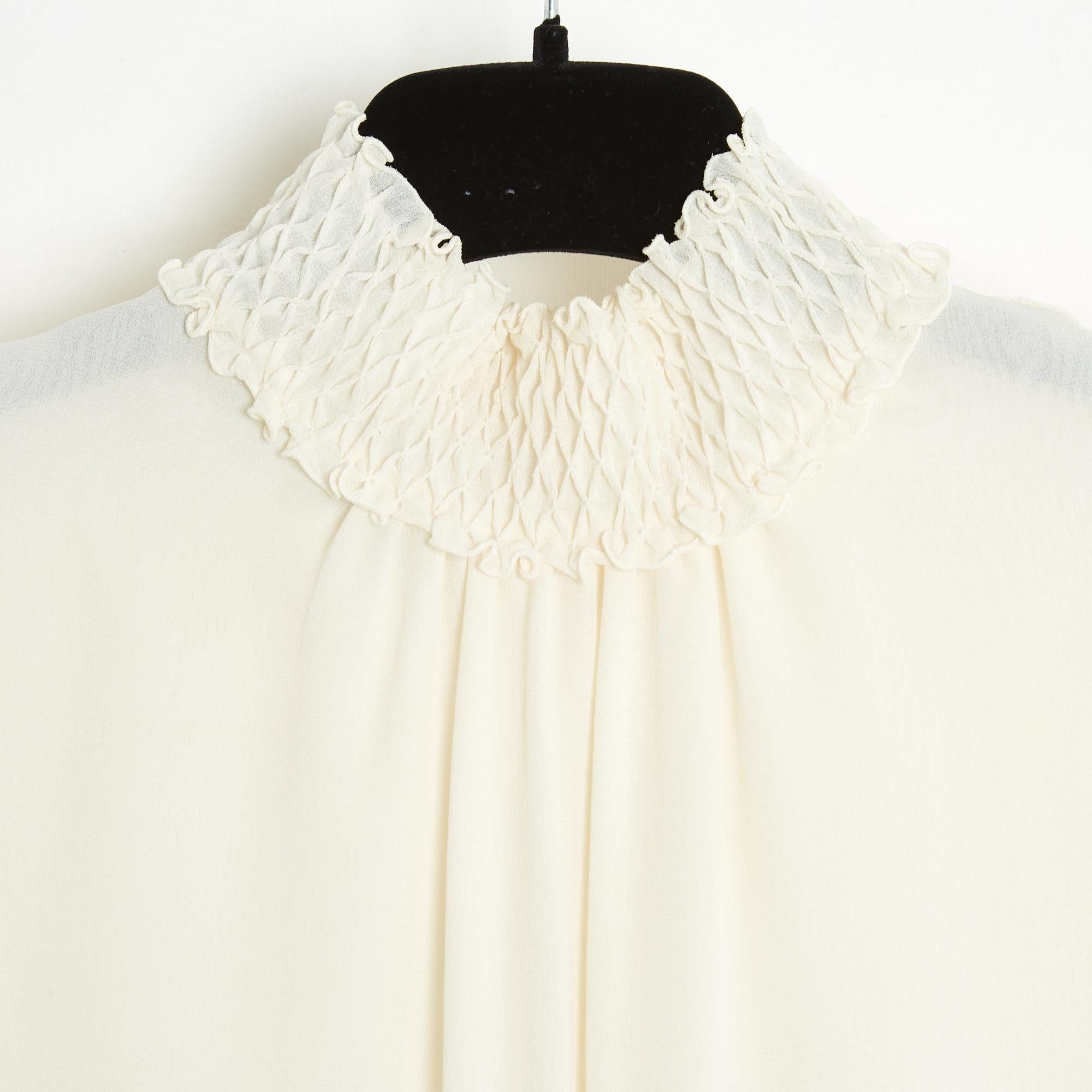 White Valentino Top Blouse FR38 Ecru Silk Smocked Collar Blouse Top UK10 US8 For Sale